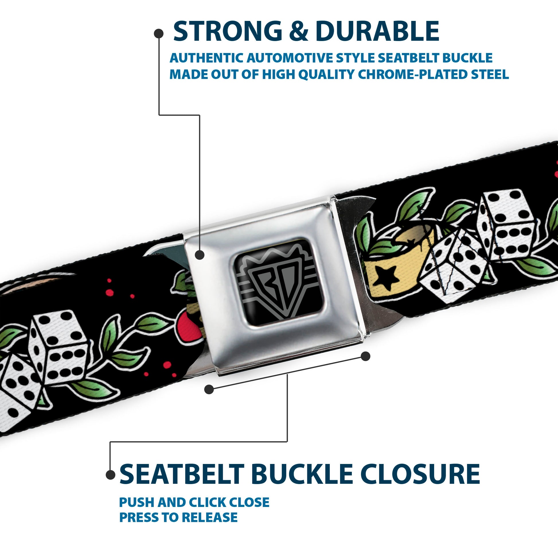 BD Wings Logo CLOSE-UP Full Color Black Silver Seatbelt Belt - Lucky Black Webbing Seatbelt Belts Buckle-Down