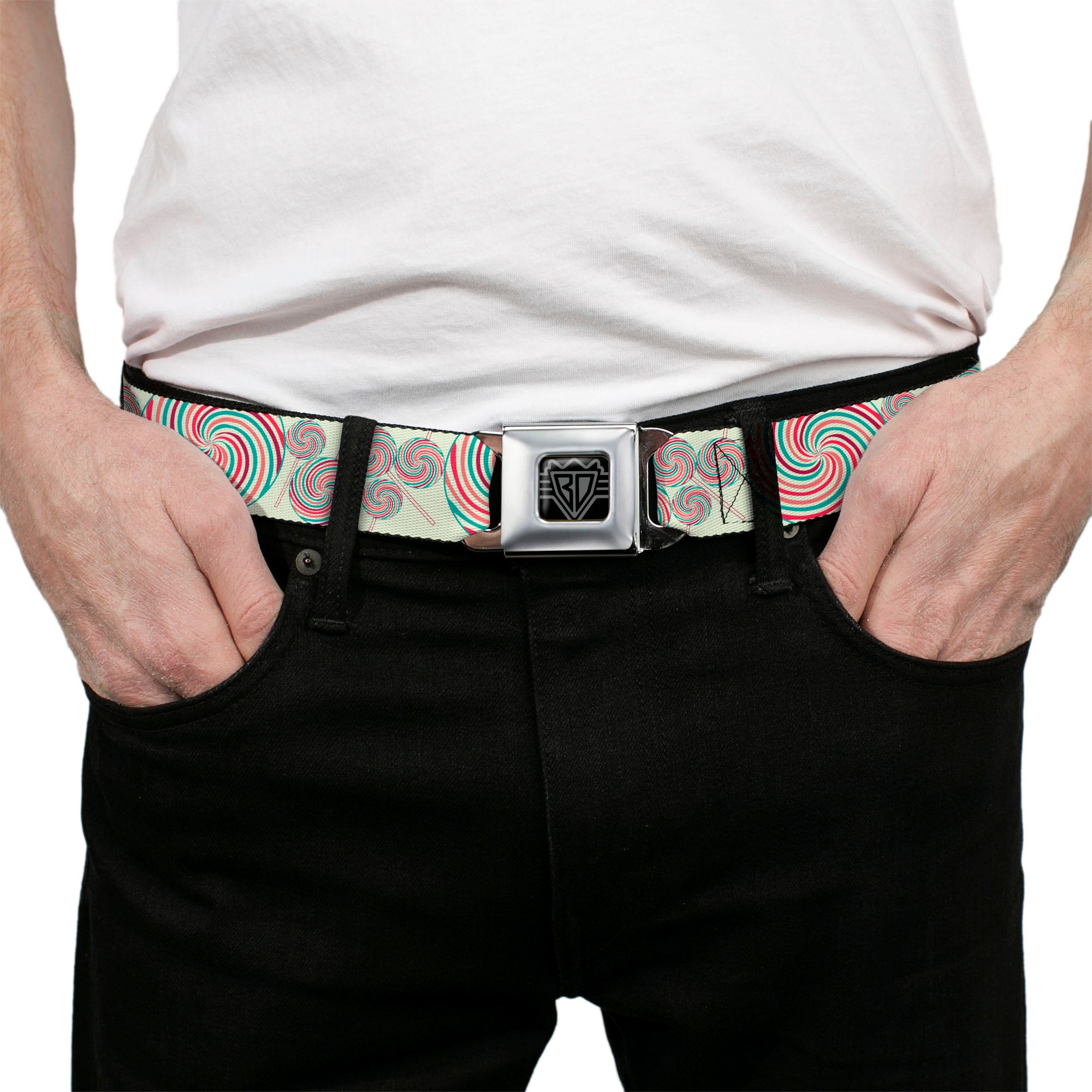 BD Wings Logo CLOSE-UP Full Color Black Silver Seatbelt Belt - Lollipops Webbing Seatbelt Belts Buckle-Down