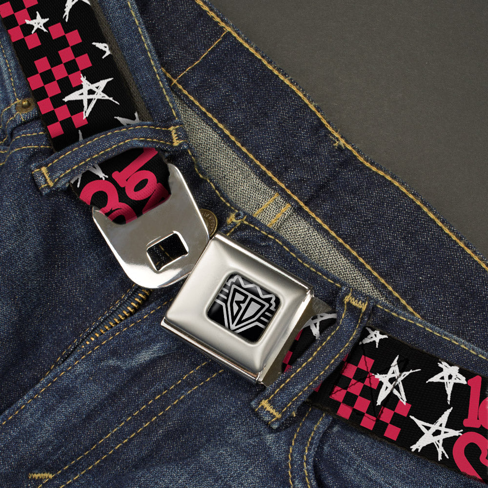 BD Wings Logo CLOSE-UP Full Color Black Silver Seatbelt Belt - Love Me w/Sketch Stars & Checkers Black/Fuchsia/White Webbing Seatbelt Belts Buckle-Down