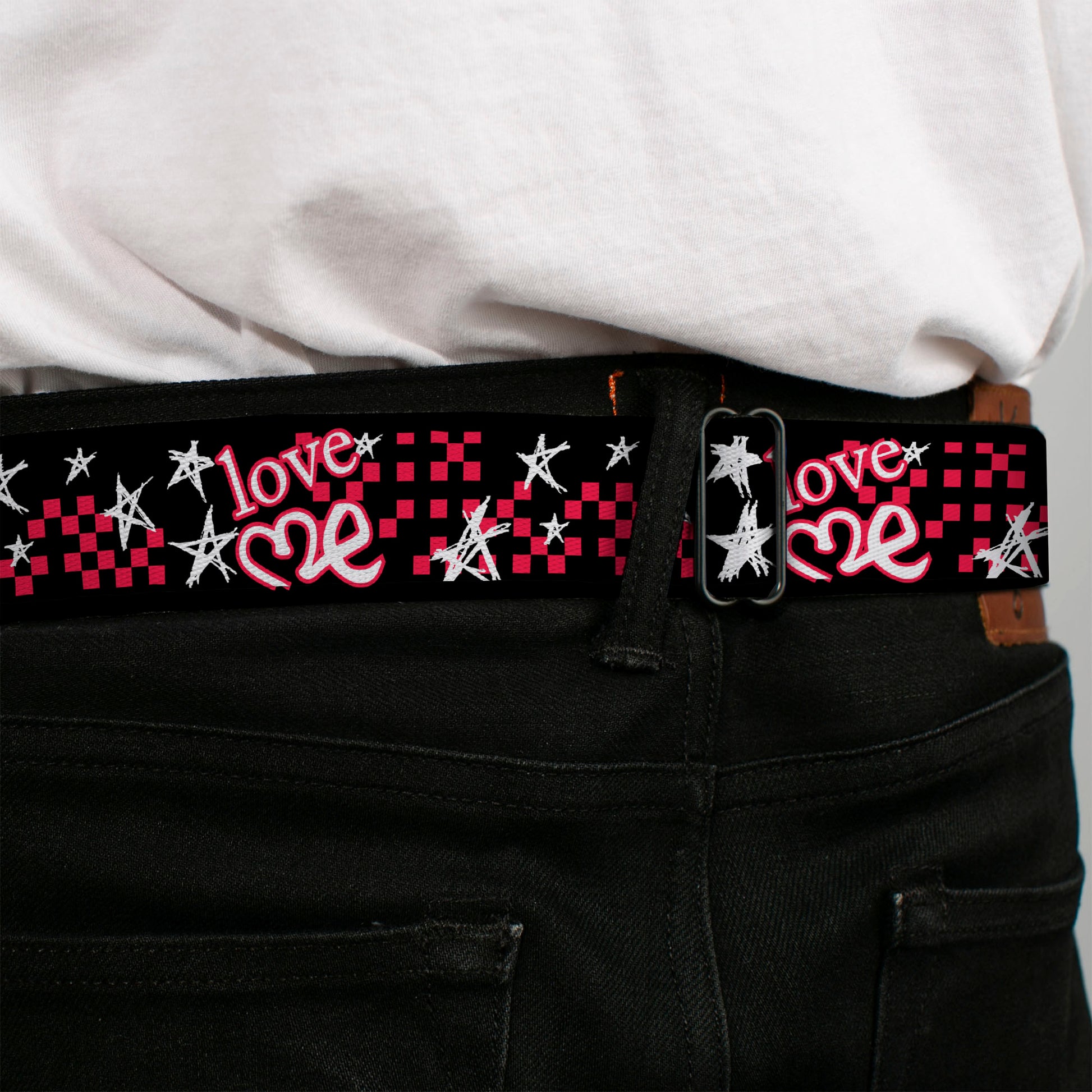 BD Wings Logo CLOSE-UP Full Color Black Silver Seatbelt Belt - Love Me w/Sketch Stars & Checkers Black/Fuchsia/White Webbing Seatbelt Belts Buckle-Down