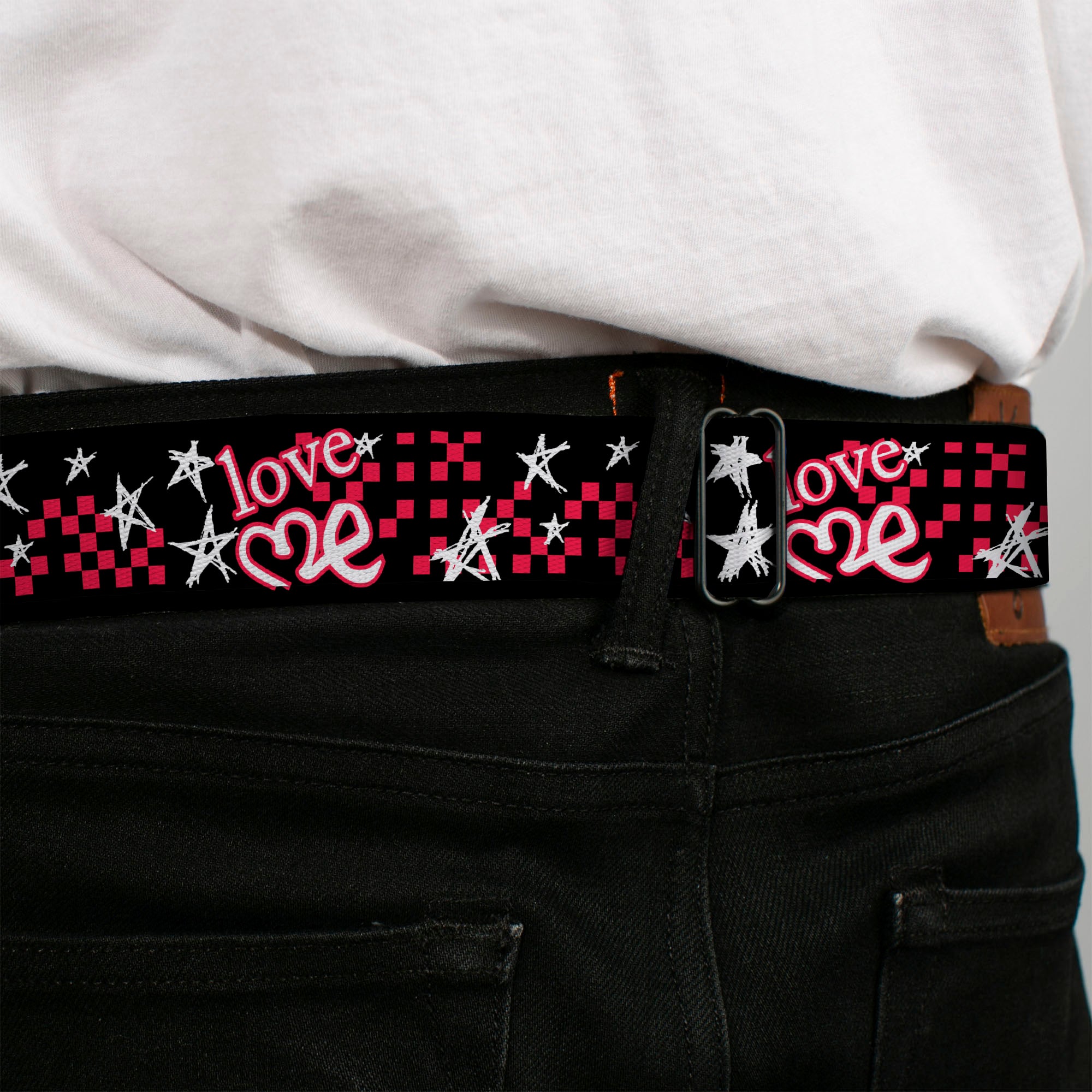 BD Wings Logo CLOSE-UP Full Color Black Silver Seatbelt Belt - Love Me w/Sketch Stars & Checkers Black/Fuchsia/White Webbing Seatbelt Belts Buckle-Down
