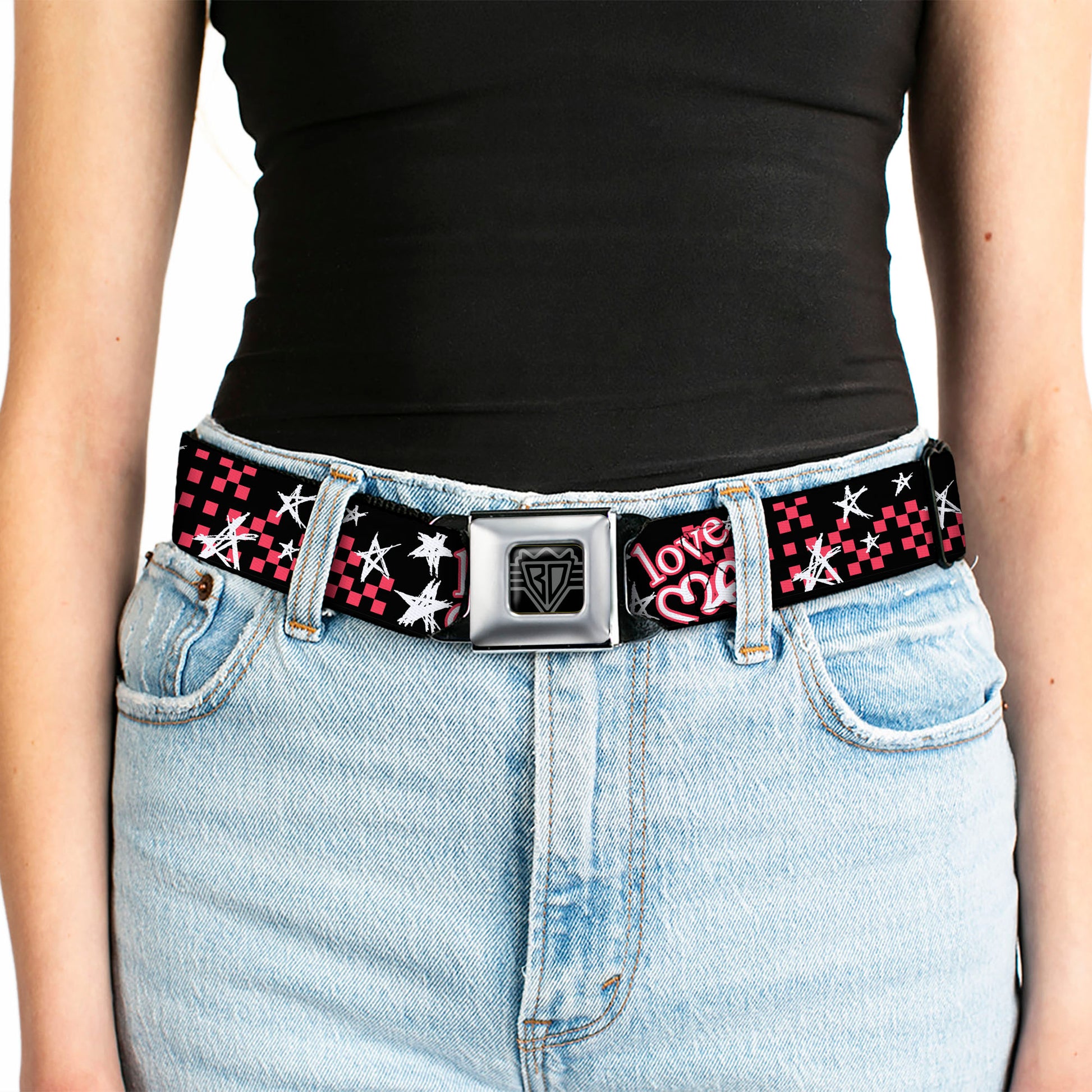 BD Wings Logo CLOSE-UP Full Color Black Silver Seatbelt Belt - Love Me w/Sketch Stars & Checkers Black/Fuchsia/White Webbing Seatbelt Belts Buckle-Down