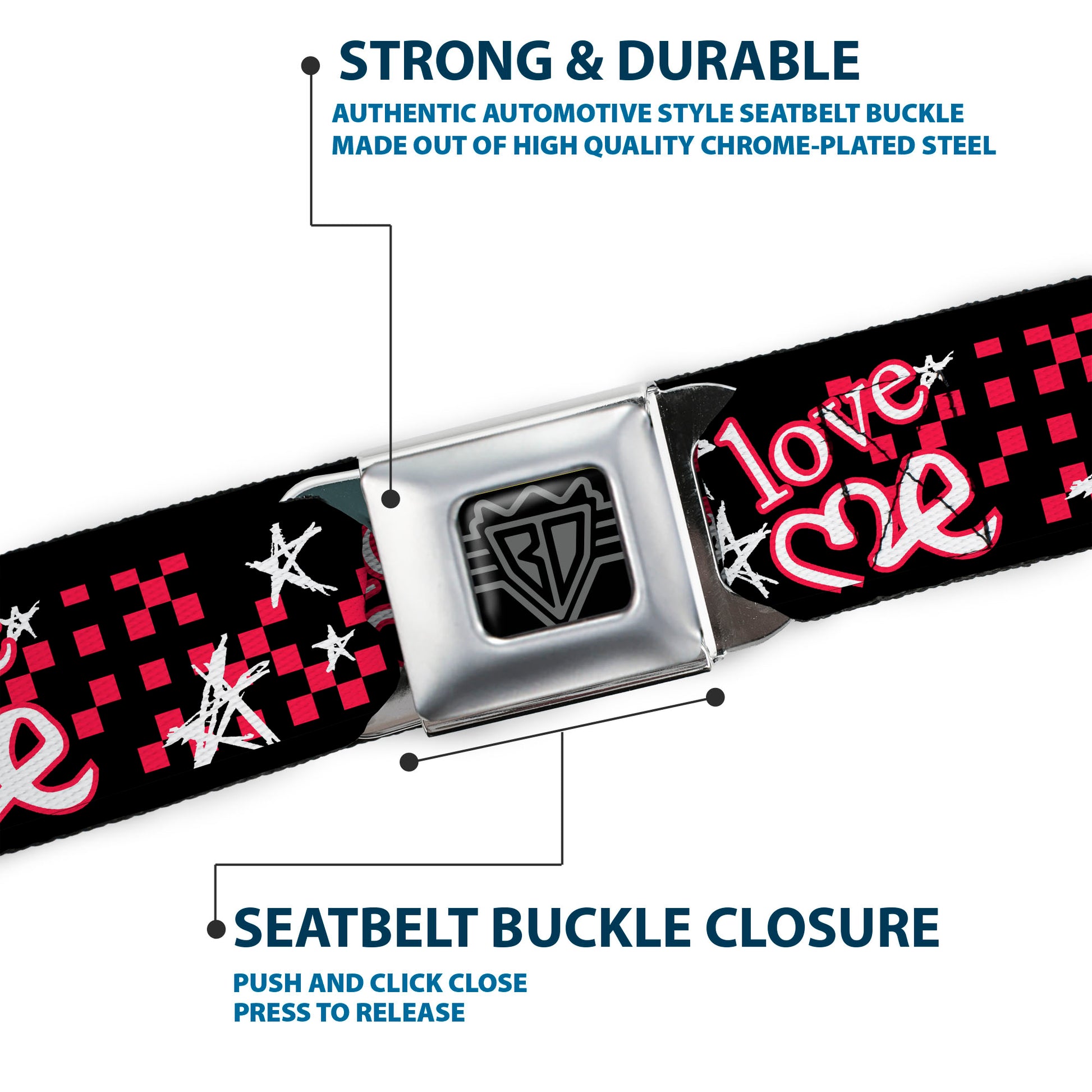 BD Wings Logo CLOSE-UP Full Color Black Silver Seatbelt Belt - Love Me w/Sketch Stars & Checkers Black/Fuchsia/White Webbing Seatbelt Belts Buckle-Down