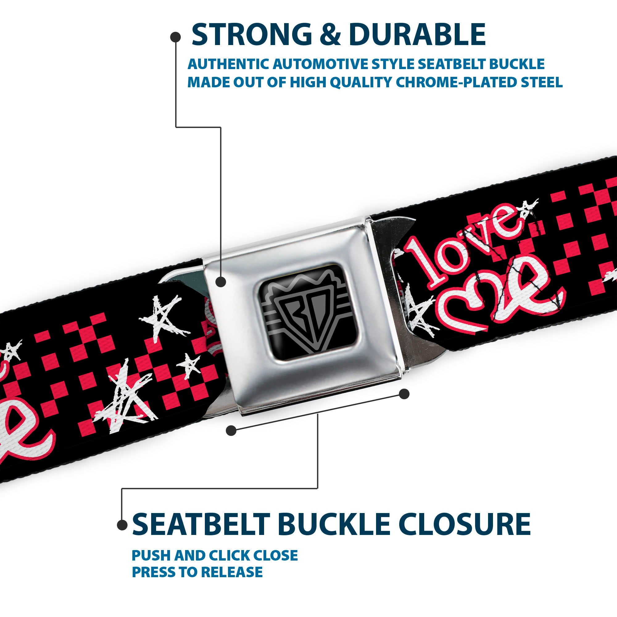 BD Wings Logo CLOSE-UP Full Color Black Silver Seatbelt Belt - Love Me w/Sketch Stars & Checkers Black/Fuchsia/White Webbing Seatbelt Belts Buckle-Down