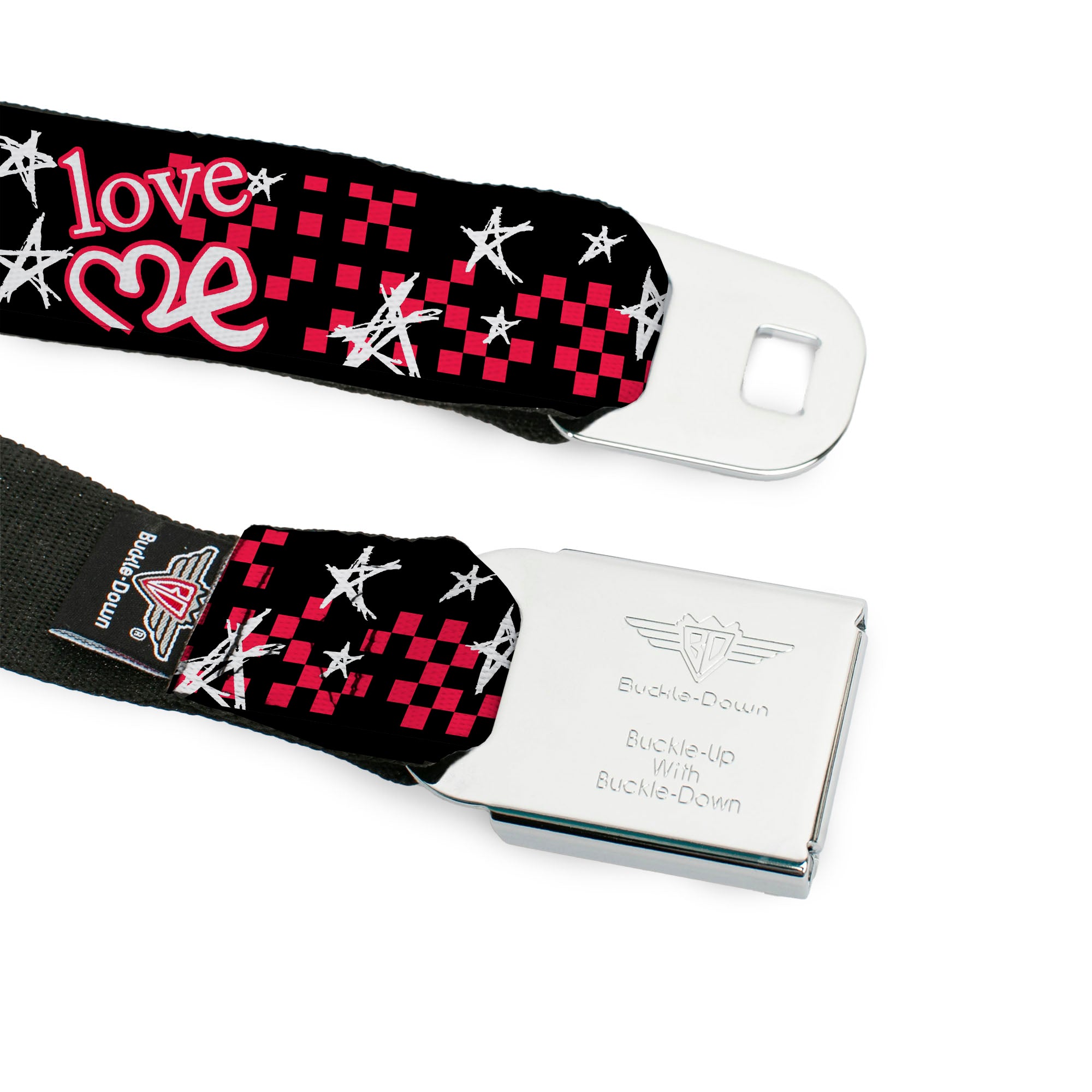 BD Wings Logo CLOSE-UP Full Color Black Silver Seatbelt Belt - Love Me w/Sketch Stars & Checkers Black/Fuchsia/White Webbing Seatbelt Belts Buckle-Down