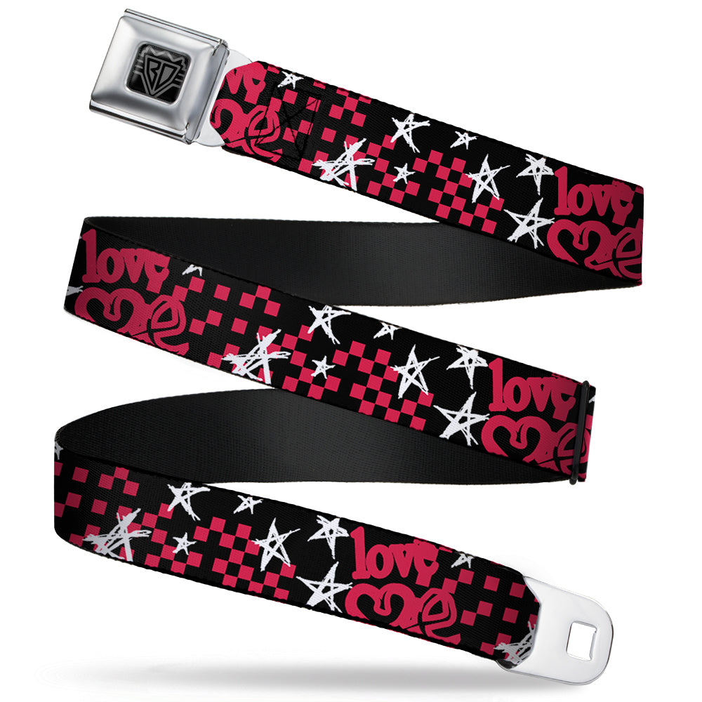 BD Wings Logo CLOSE-UP Full Color Black Silver Seatbelt Belt - Love Me w/Sketch Stars & Checkers Black/Fuchsia/White Webbing Seatbelt Belts Buckle-Down