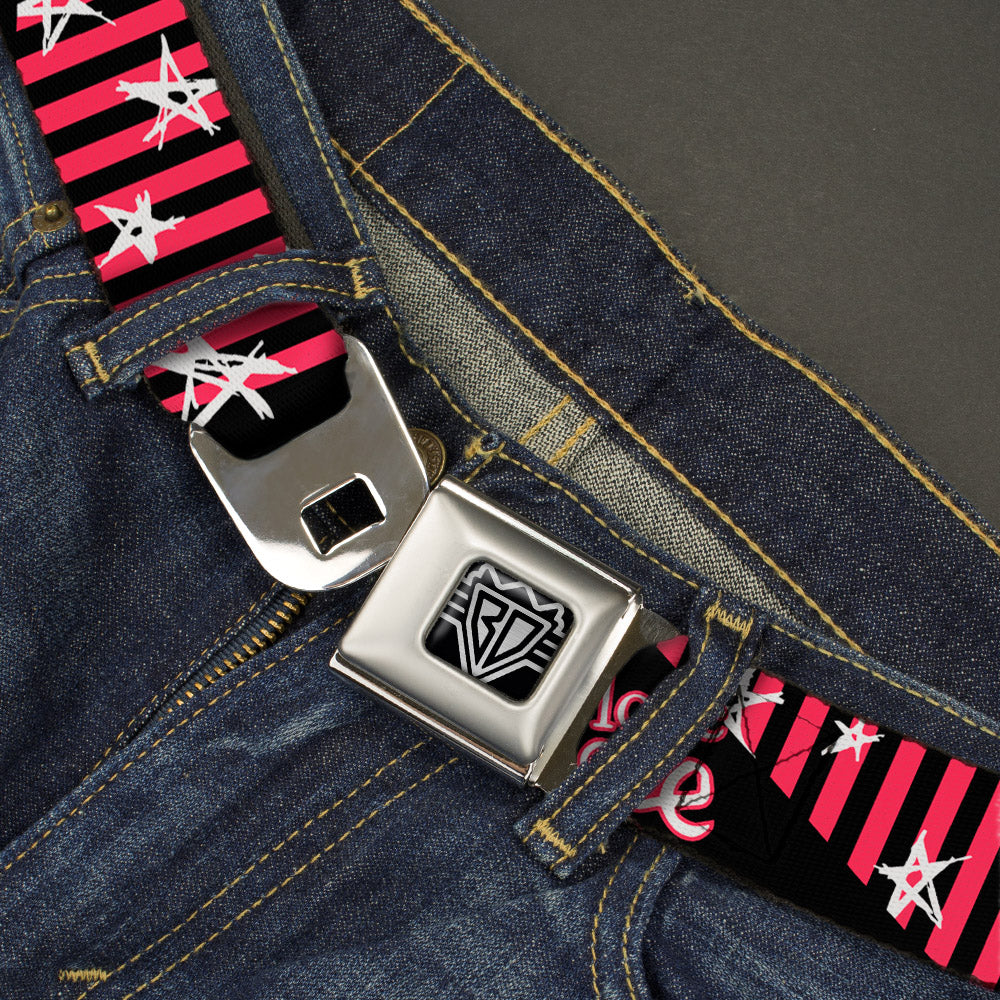 BD Wings Logo CLOSE-UP Full Color Black Silver Seatbelt Belt - Love Me w/Sketch Stars & Stripes Black/Fuchsia/White Webbing Seatbelt Belts Buckle-Down