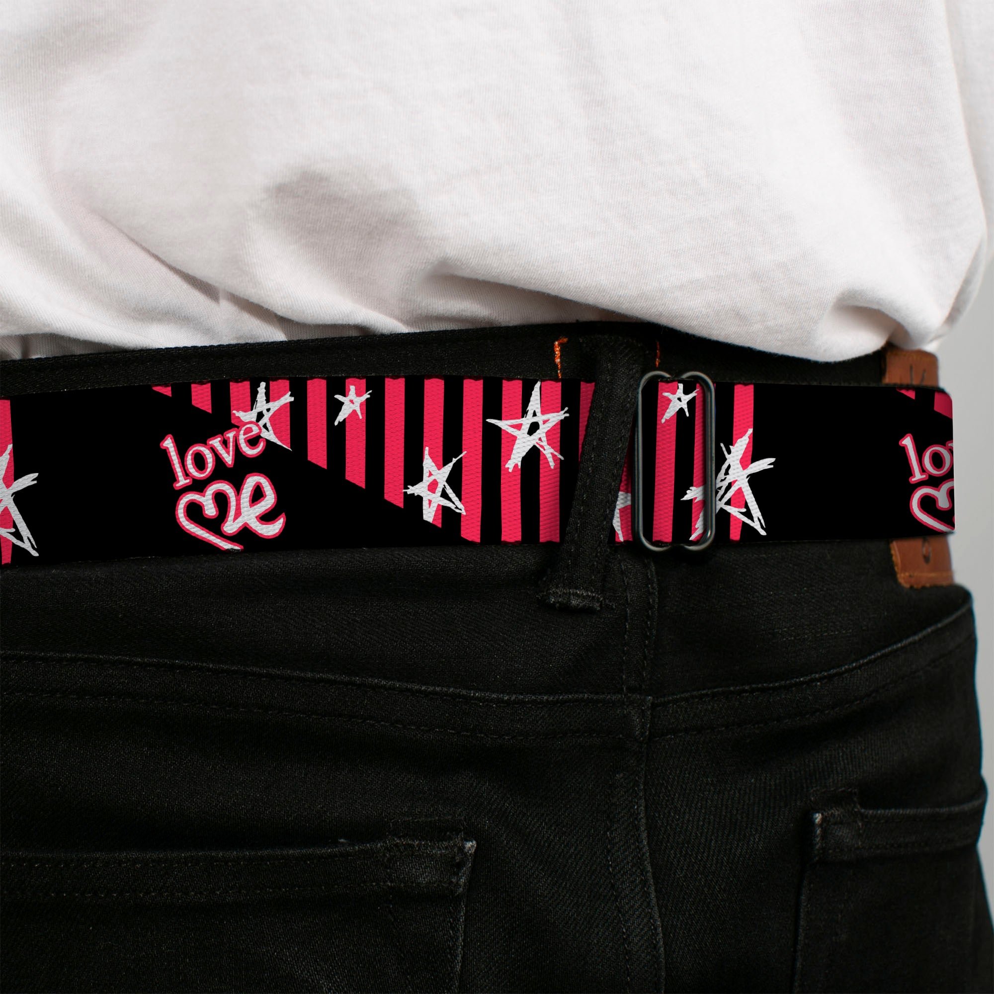 BD Wings Logo CLOSE-UP Full Color Black Silver Seatbelt Belt - Love Me w/Sketch Stars & Stripes Black/Fuchsia/White Webbing Seatbelt Belts Buckle-Down