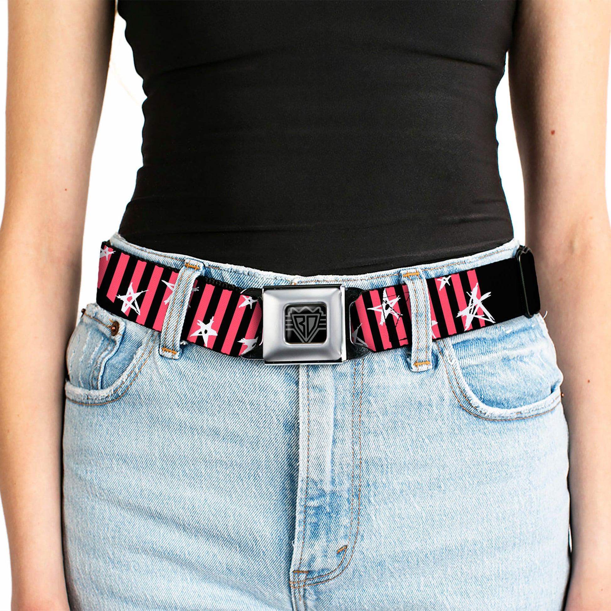 BD Wings Logo CLOSE-UP Full Color Black Silver Seatbelt Belt - Love Me w/Sketch Stars & Stripes Black/Fuchsia/White Webbing Seatbelt Belts Buckle-Down