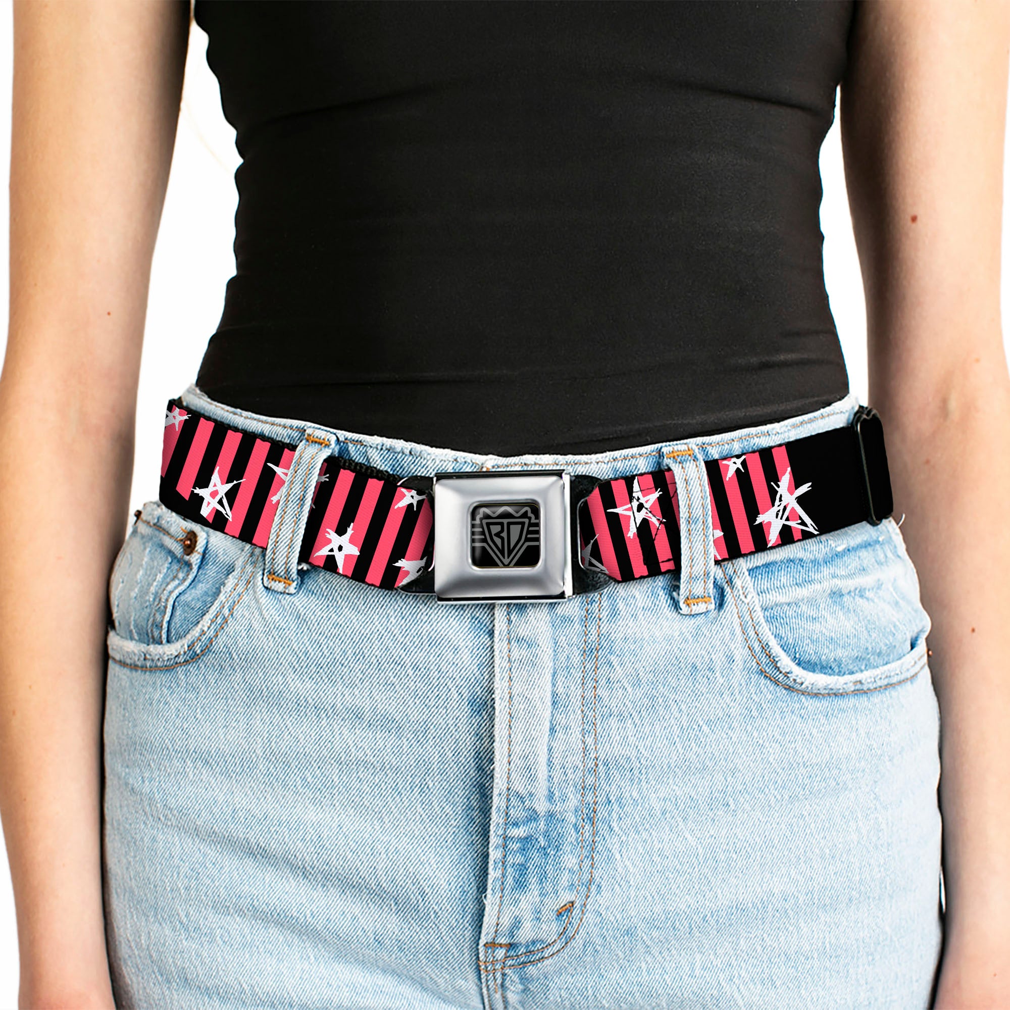 BD Wings Logo CLOSE-UP Full Color Black Silver Seatbelt Belt - Love Me w/Sketch Stars & Stripes Black/Fuchsia/White Webbing Seatbelt Belts Buckle-Down