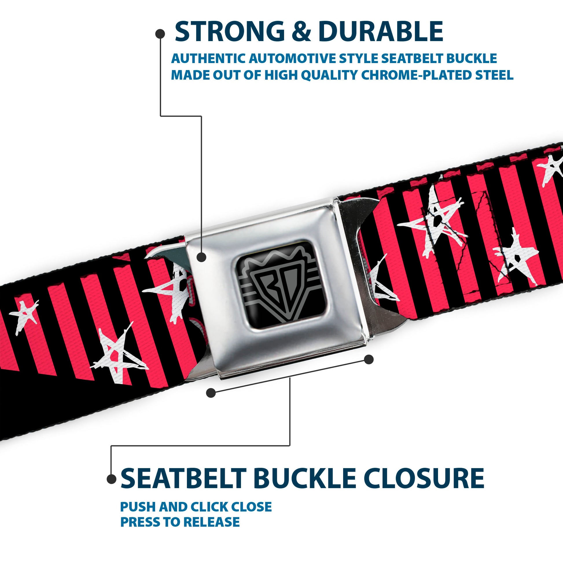 BD Wings Logo CLOSE-UP Full Color Black Silver Seatbelt Belt - Love Me w/Sketch Stars & Stripes Black/Fuchsia/White Webbing Seatbelt Belts Buckle-Down