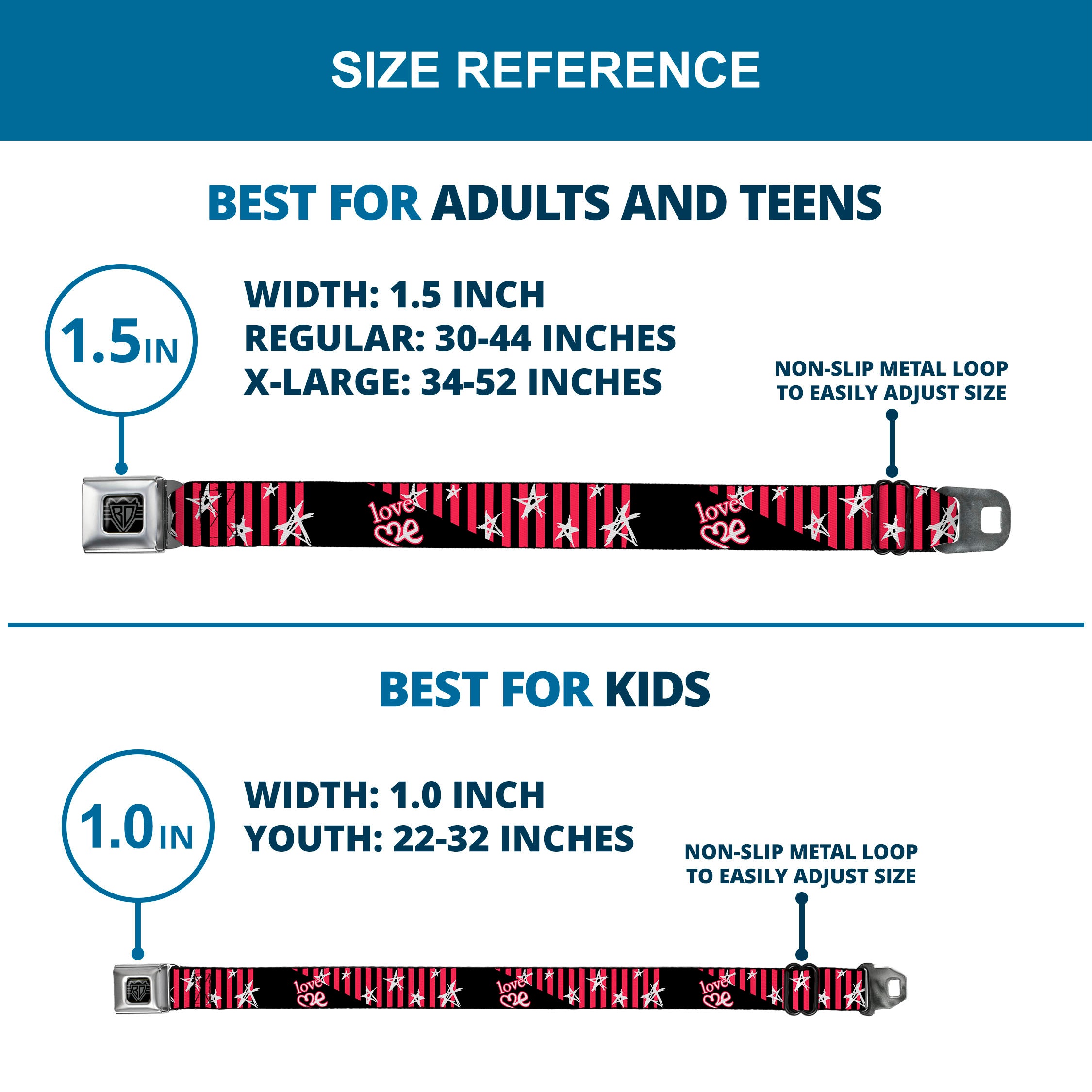 BD Wings Logo CLOSE-UP Full Color Black Silver Seatbelt Belt - Love Me w/Sketch Stars & Stripes Black/Fuchsia/White Webbing Seatbelt Belts Buckle-Down