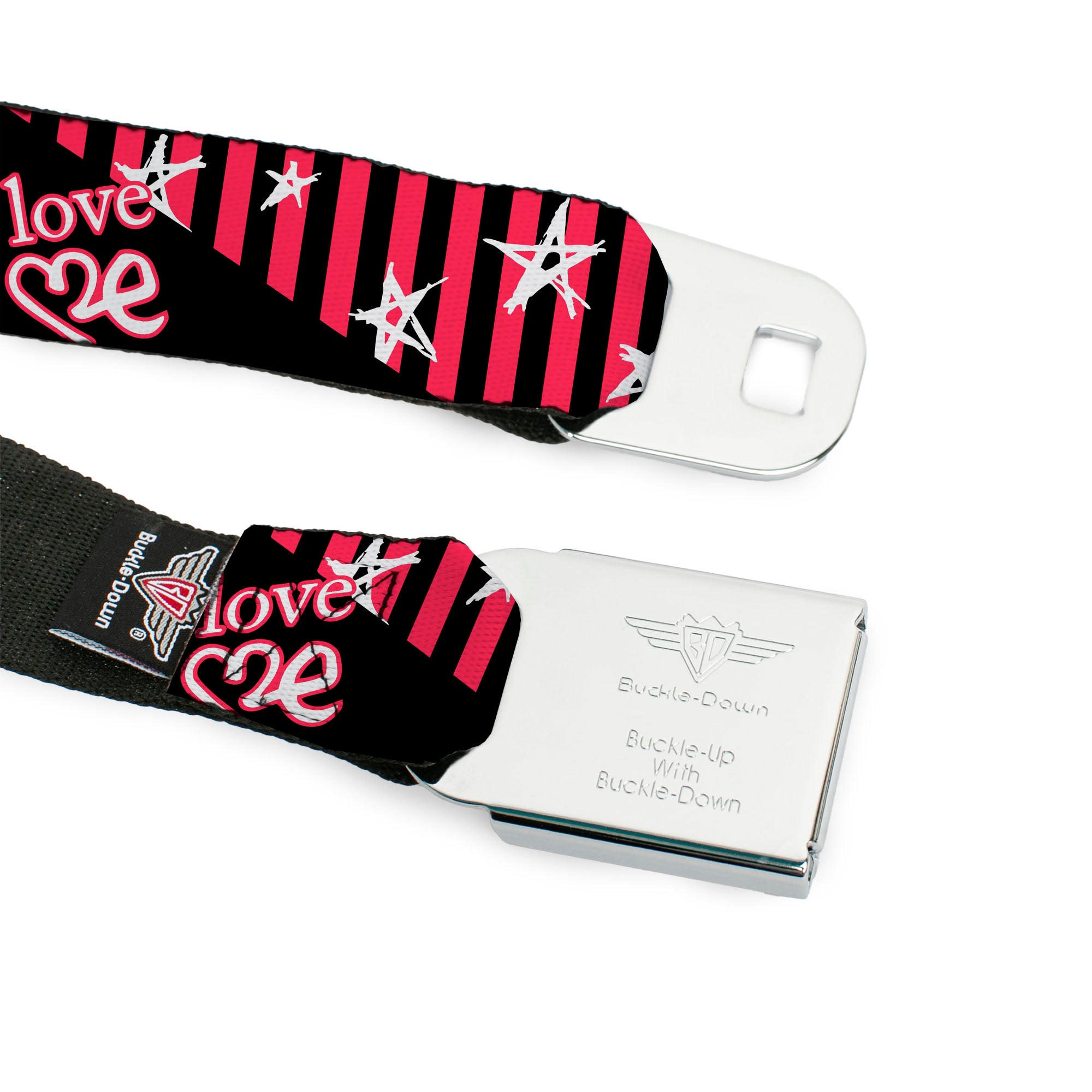 BD Wings Logo CLOSE-UP Full Color Black Silver Seatbelt Belt - Love Me w/Sketch Stars & Stripes Black/Fuchsia/White Webbing Seatbelt Belts Buckle-Down