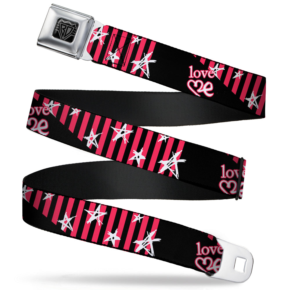 BD Wings Logo CLOSE-UP Full Color Black Silver Seatbelt Belt - Love Me w/Sketch Stars & Stripes Black/Fuchsia/White Webbing Seatbelt Belts Buckle-Down