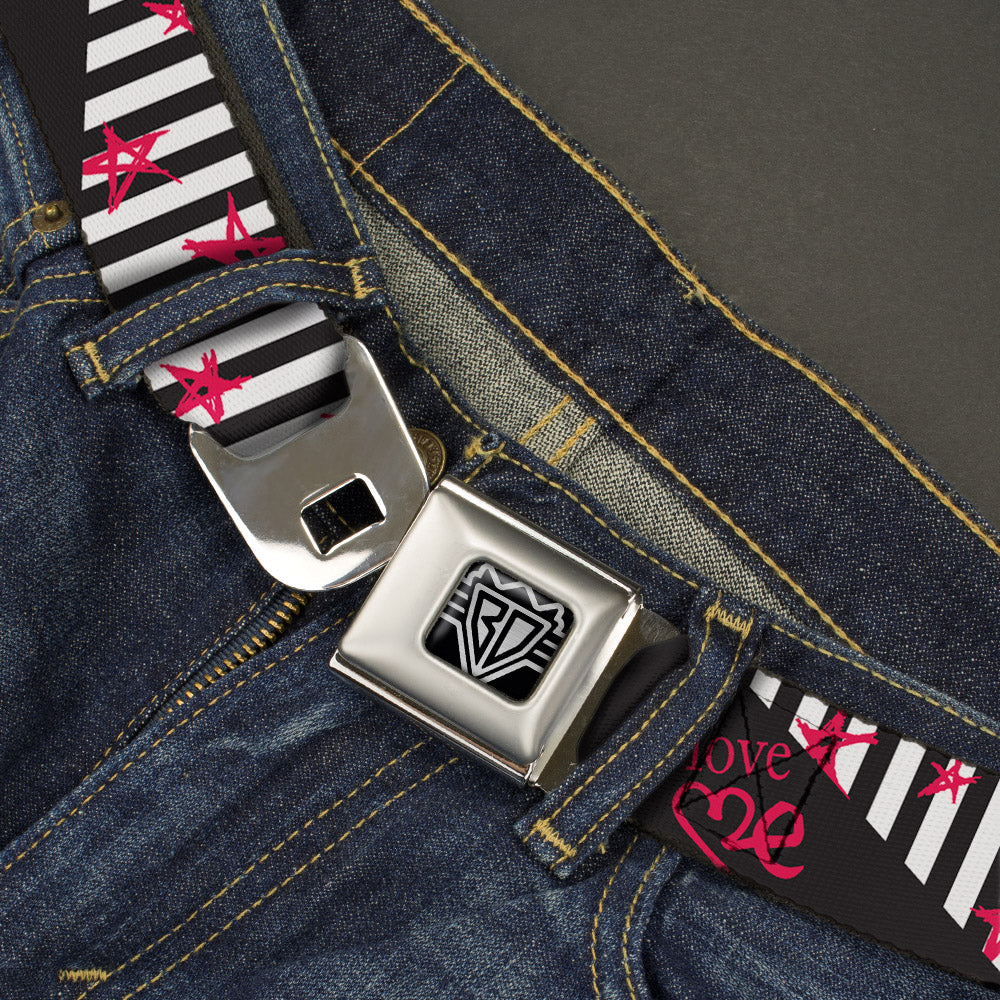 BD Wings Logo CLOSE-UP Full Color Black Silver Seatbelt Belt - Love Me w/Sketch Stars & Stripes Black/White/Fuchsia Webbing Seatbelt Belts Buckle-Down