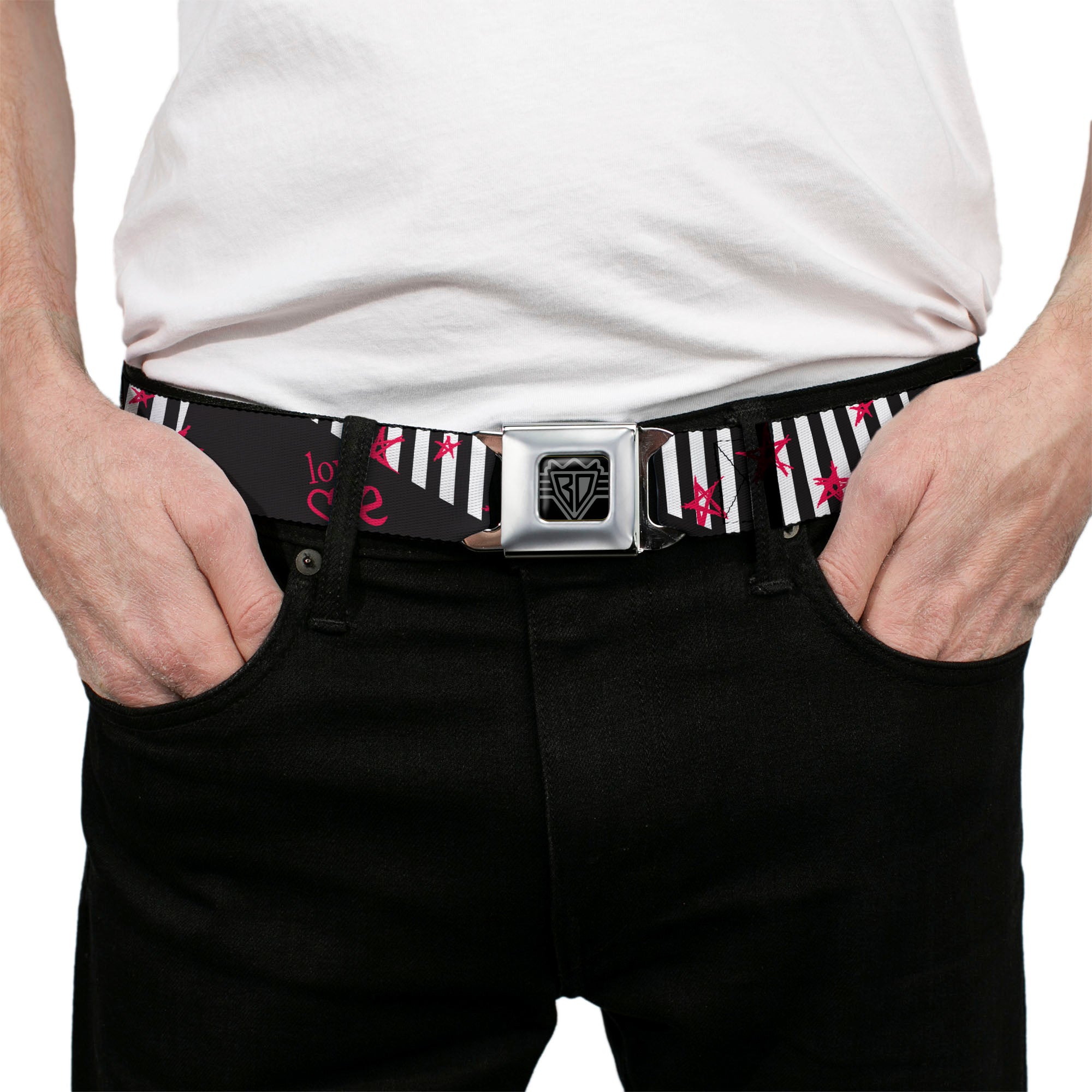 BD Wings Logo CLOSE-UP Full Color Black Silver Seatbelt Belt - Love Me w/Sketch Stars & Stripes Black/White/Fuchsia Webbing Seatbelt Belts Buckle-Down