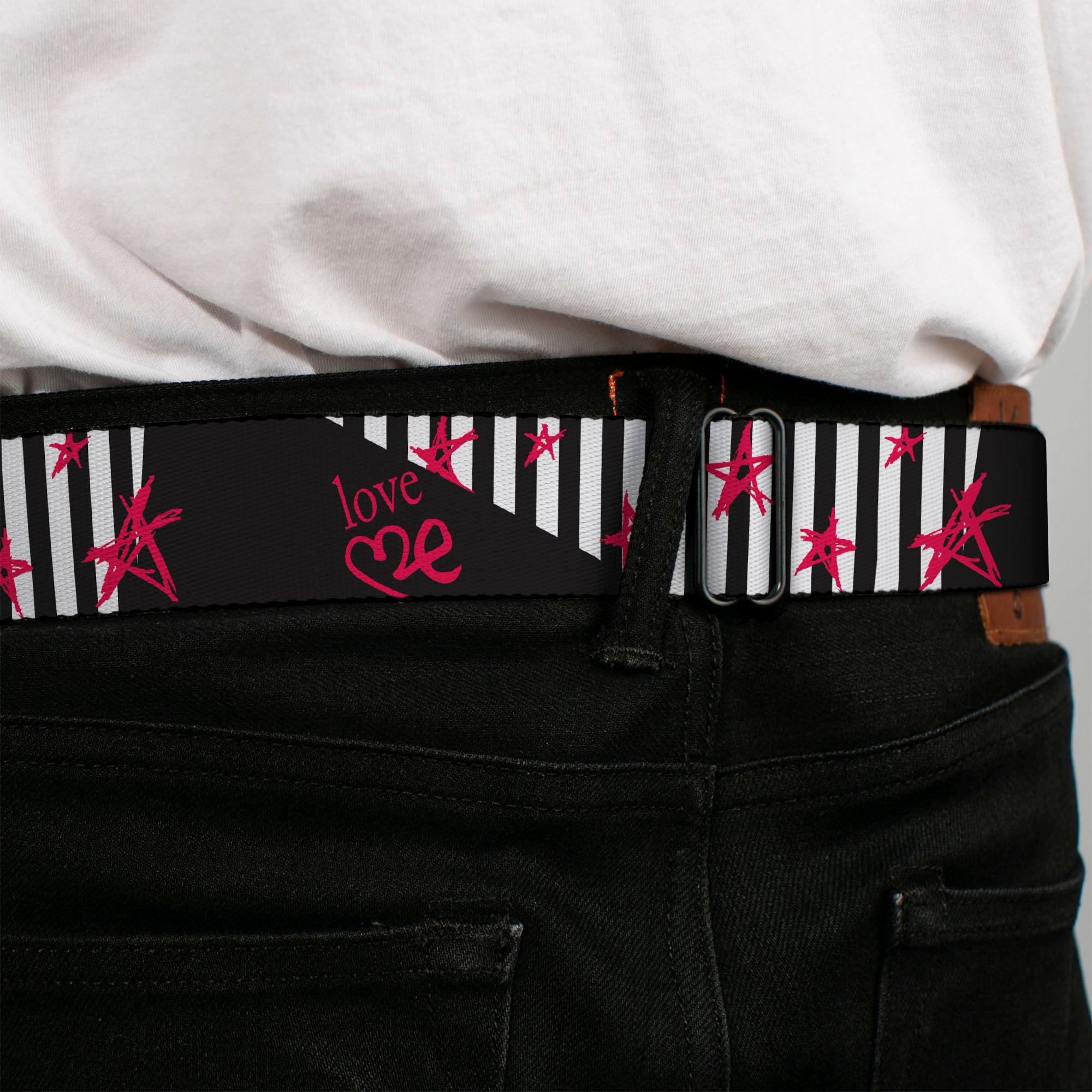 BD Wings Logo CLOSE-UP Full Color Black Silver Seatbelt Belt - Love Me w/Sketch Stars & Stripes Black/White/Fuchsia Webbing Seatbelt Belts Buckle-Down
