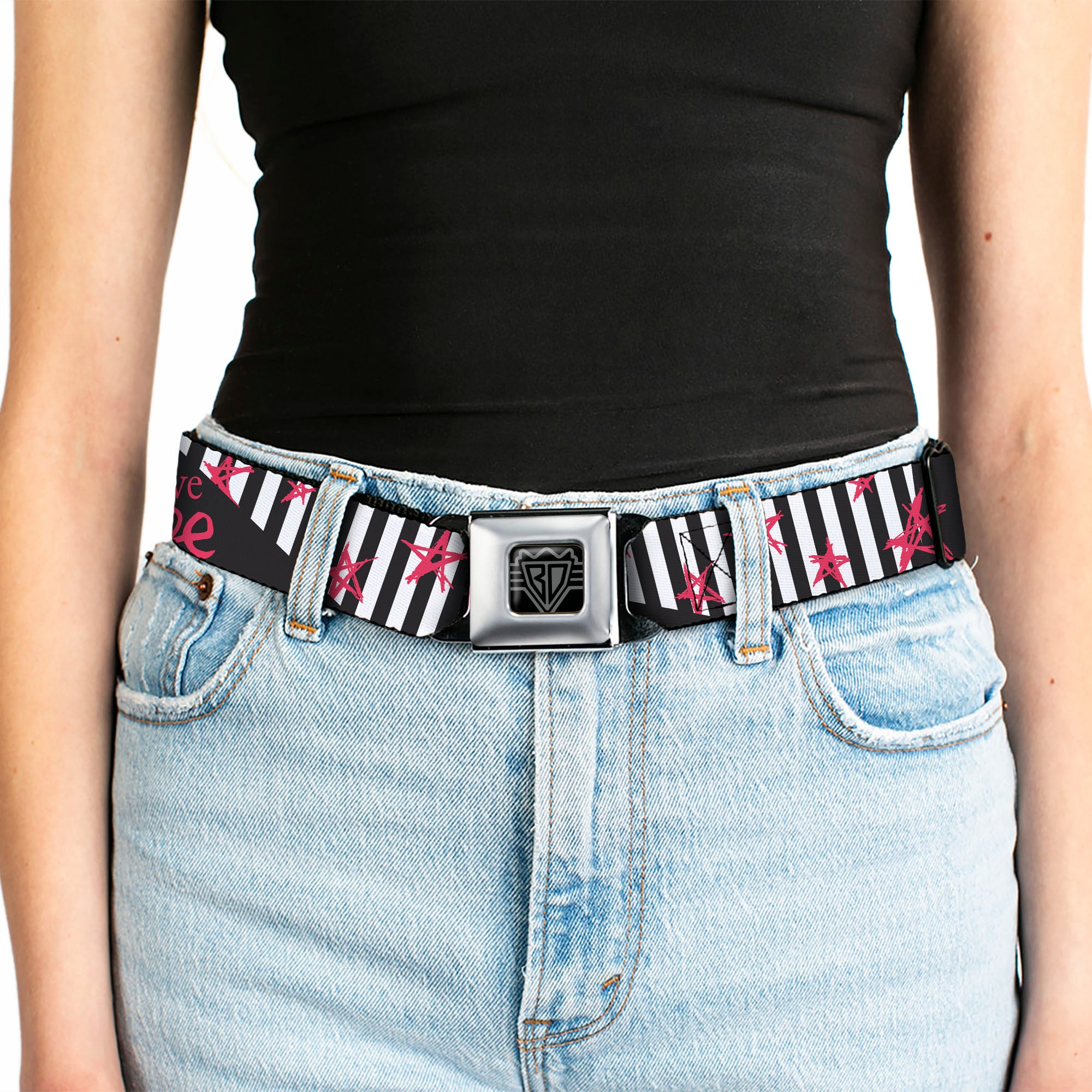 BD Wings Logo CLOSE-UP Full Color Black Silver Seatbelt Belt - Love Me w/Sketch Stars & Stripes Black/White/Fuchsia Webbing Seatbelt Belts Buckle-Down