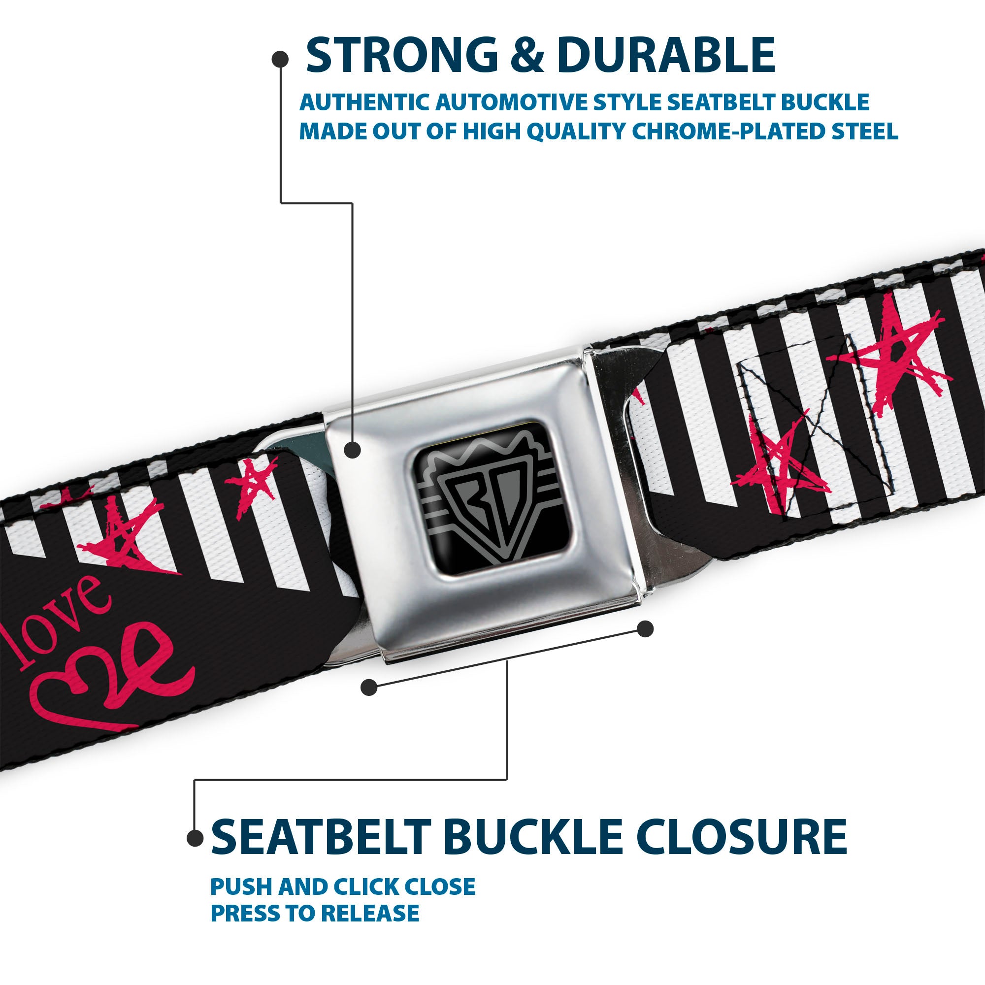 BD Wings Logo CLOSE-UP Full Color Black Silver Seatbelt Belt - Love Me w/Sketch Stars & Stripes Black/White/Fuchsia Webbing Seatbelt Belts Buckle-Down