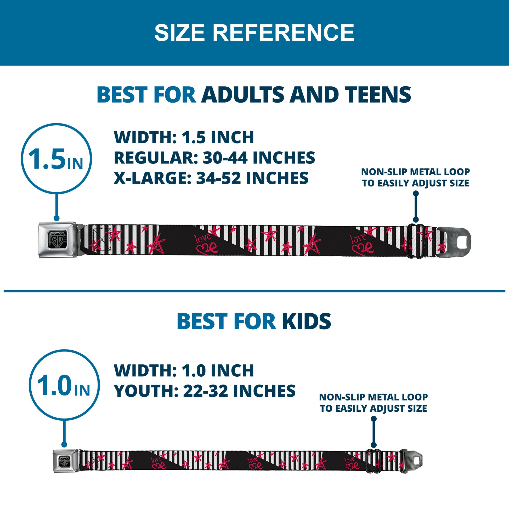 BD Wings Logo CLOSE-UP Full Color Black Silver Seatbelt Belt - Love Me w/Sketch Stars & Stripes Black/White/Fuchsia Webbing Seatbelt Belts Buckle-Down