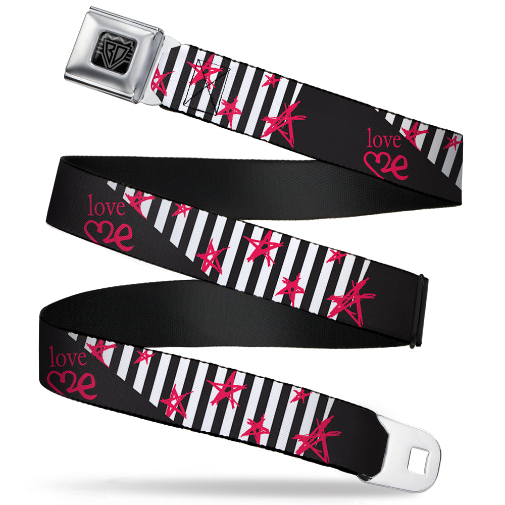 BD Wings Logo CLOSE-UP Full Color Black Silver Seatbelt Belt - Love Me w/Sketch Stars & Stripes Black/White/Fuchsia Webbing Seatbelt Belts Buckle-Down