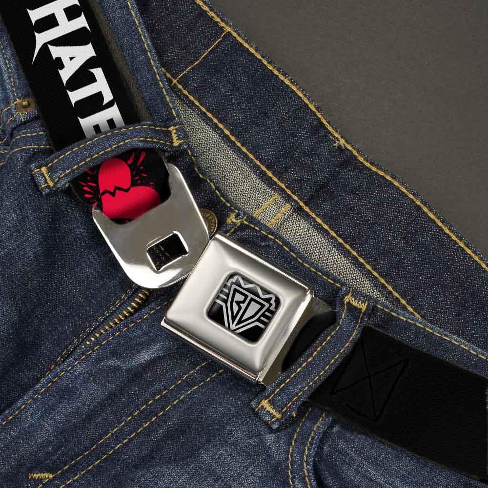 BD Wings Logo CLOSE-UP Full Color Black Silver Seatbelt Belt - Love/Hate Black/White/Fuchsia Webbing Seatbelt Belts Buckle-Down