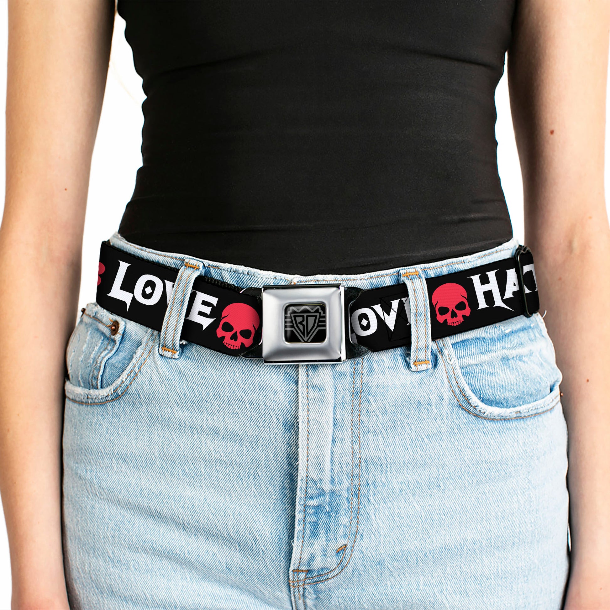 BD Wings Logo CLOSE-UP Full Color Black Silver Seatbelt Belt - Love/Hate Black/White/Fuchsia Webbing Seatbelt Belts Buckle-Down