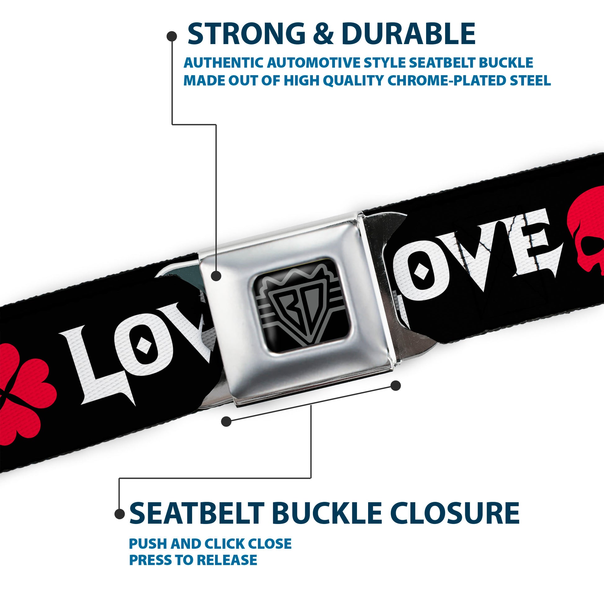 BD Wings Logo CLOSE-UP Full Color Black Silver Seatbelt Belt - Love/Hate Black/White/Fuchsia Webbing Seatbelt Belts Buckle-Down