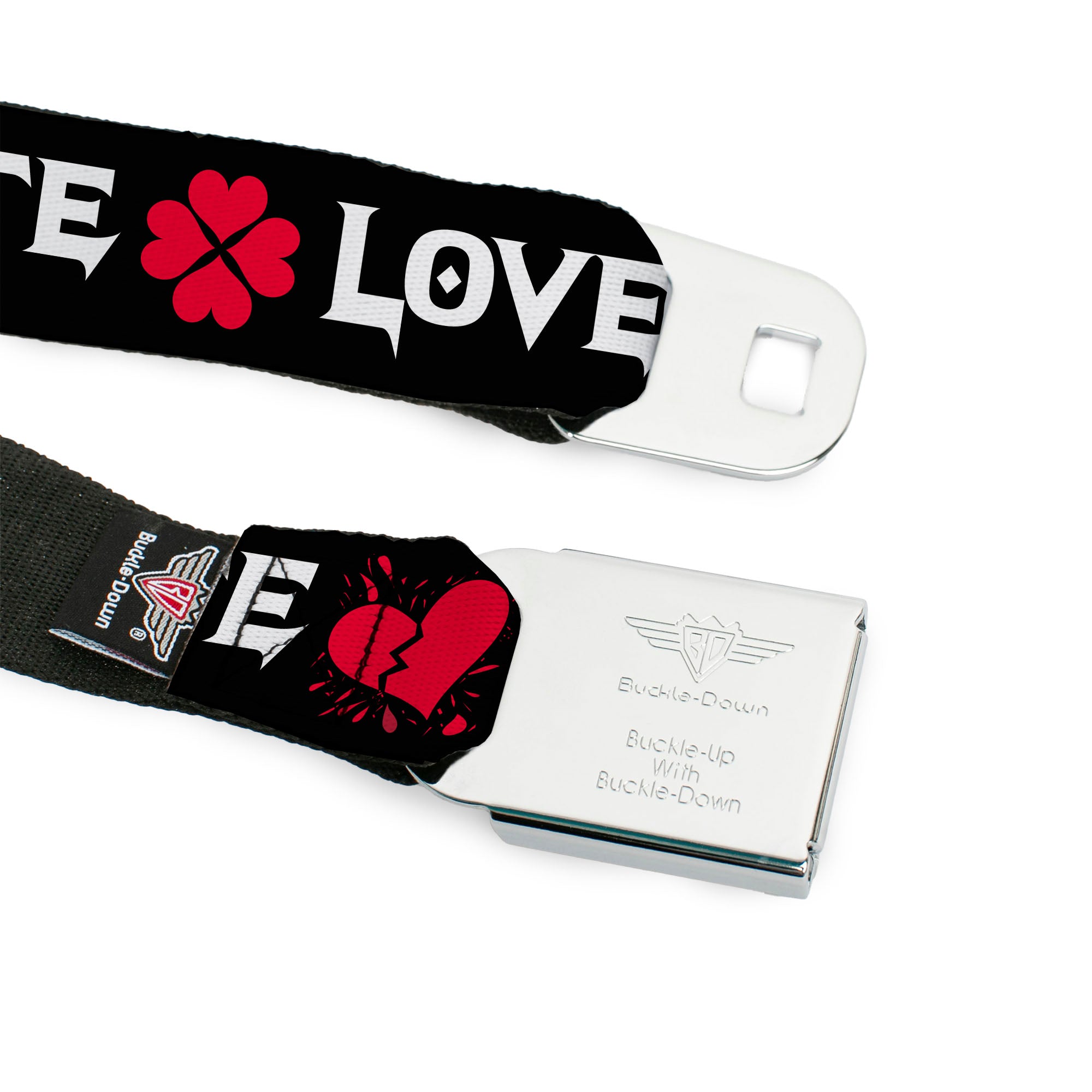 BD Wings Logo CLOSE-UP Full Color Black Silver Seatbelt Belt - Love/Hate Black/White/Fuchsia Webbing Seatbelt Belts Buckle-Down