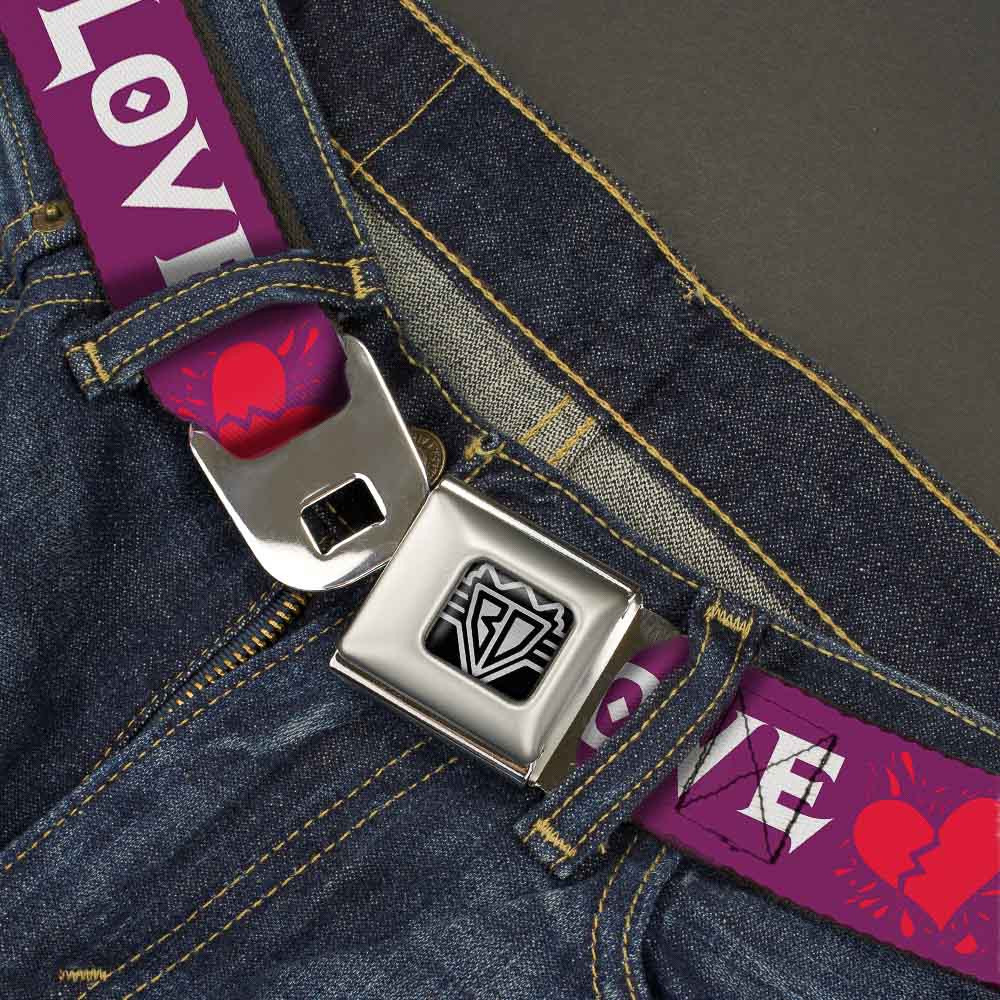 BD Wings Logo CLOSE-UP Full Color Black Silver Seatbelt Belt - Love/Hate Purple/White/Fuchsia Webbing Seatbelt Belts Buckle-Down