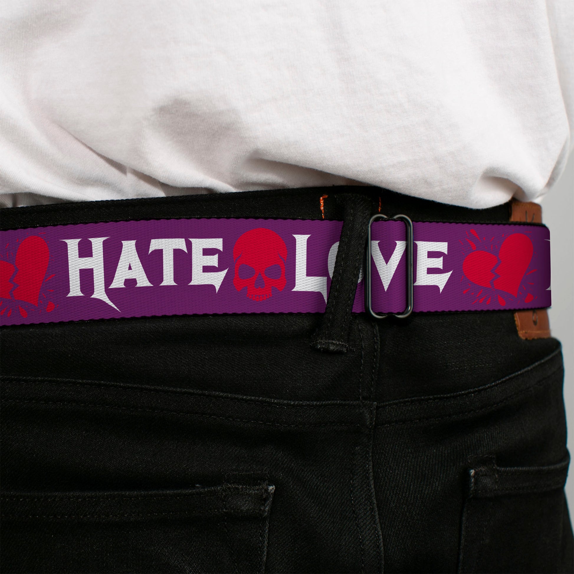 BD Wings Logo CLOSE-UP Full Color Black Silver Seatbelt Belt - Love/Hate Purple/White/Fuchsia Webbing Seatbelt Belts Buckle-Down