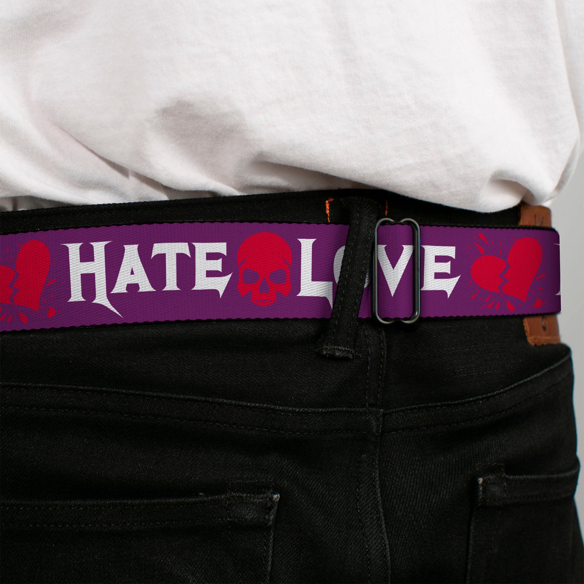 BD Wings Logo CLOSE-UP Full Color Black Silver Seatbelt Belt - Love/Hate Purple/White/Fuchsia Webbing Seatbelt Belts Buckle-Down