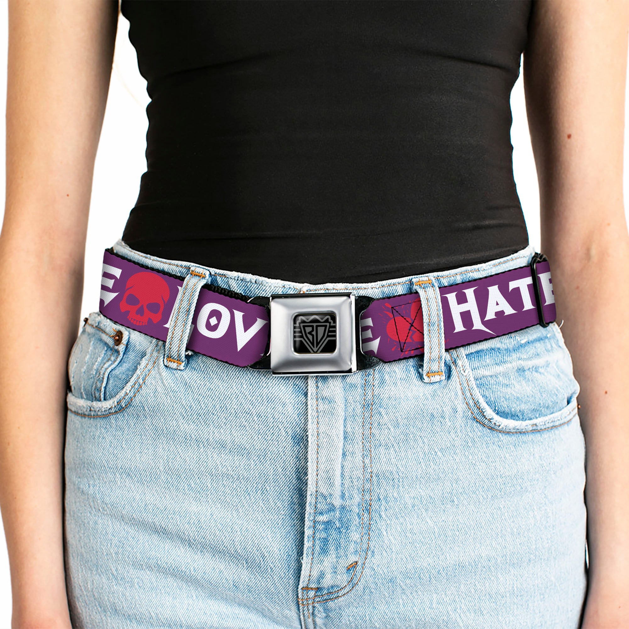 BD Wings Logo CLOSE-UP Full Color Black Silver Seatbelt Belt - Love/Hate Purple/White/Fuchsia Webbing Seatbelt Belts Buckle-Down