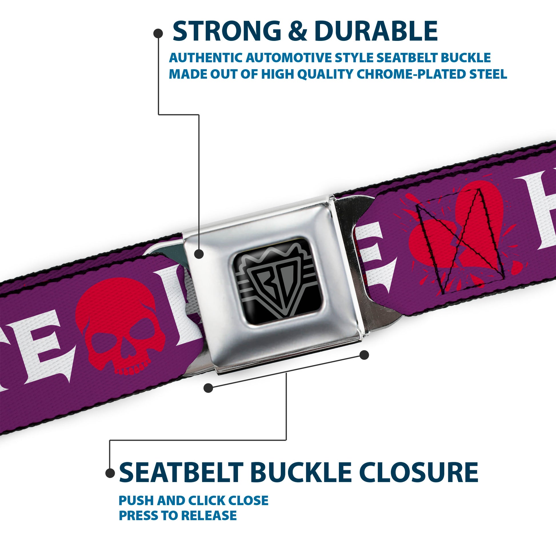 BD Wings Logo CLOSE-UP Full Color Black Silver Seatbelt Belt - Love/Hate Purple/White/Fuchsia Webbing Seatbelt Belts Buckle-Down