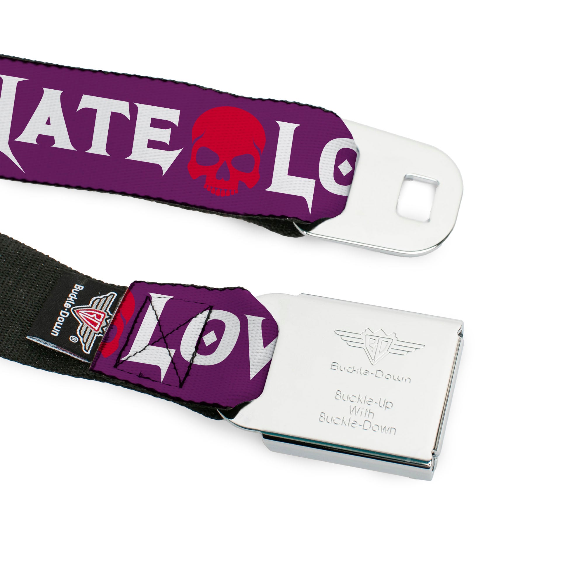 BD Wings Logo CLOSE-UP Full Color Black Silver Seatbelt Belt - Love/Hate Purple/White/Fuchsia Webbing Seatbelt Belts Buckle-Down