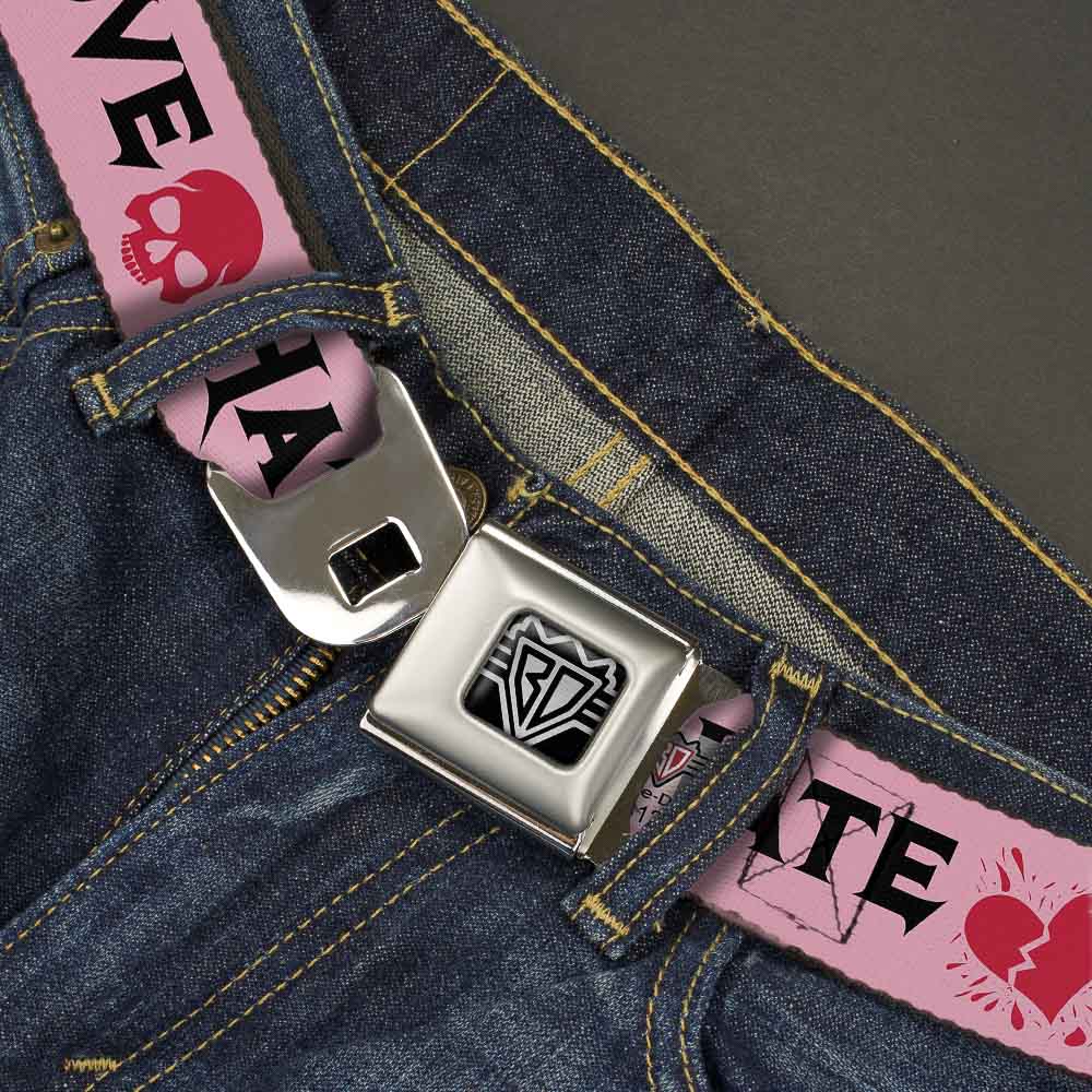 BD Wings Logo CLOSE-UP Full Color Black Silver Seatbelt Belt - Love/Hate/Betrayal Pink/Black/Fuchsia Webbing Seatbelt Belts Buckle-Down