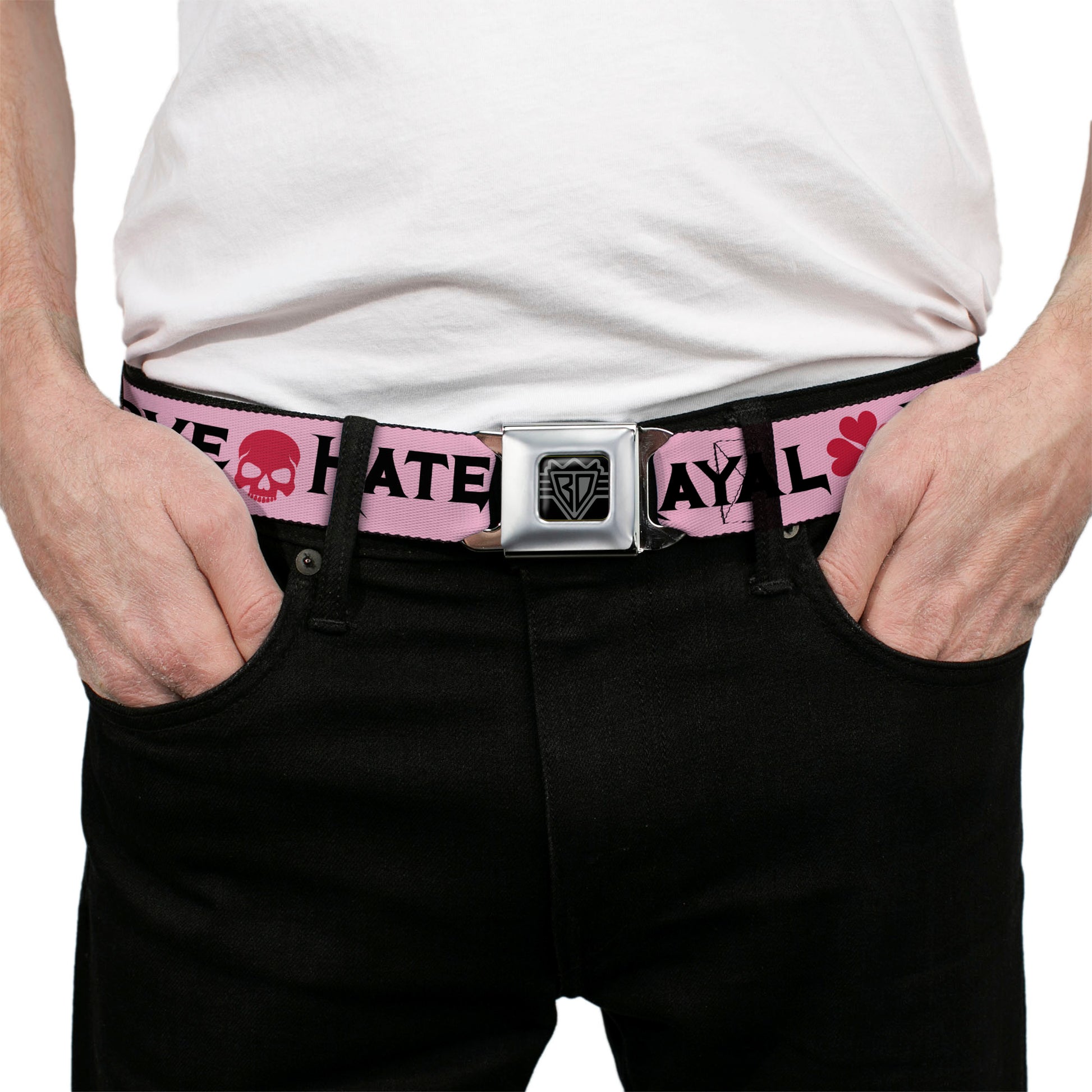 BD Wings Logo CLOSE-UP Full Color Black Silver Seatbelt Belt - Love/Hate/Betrayal Pink/Black/Fuchsia Webbing Seatbelt Belts Buckle-Down
