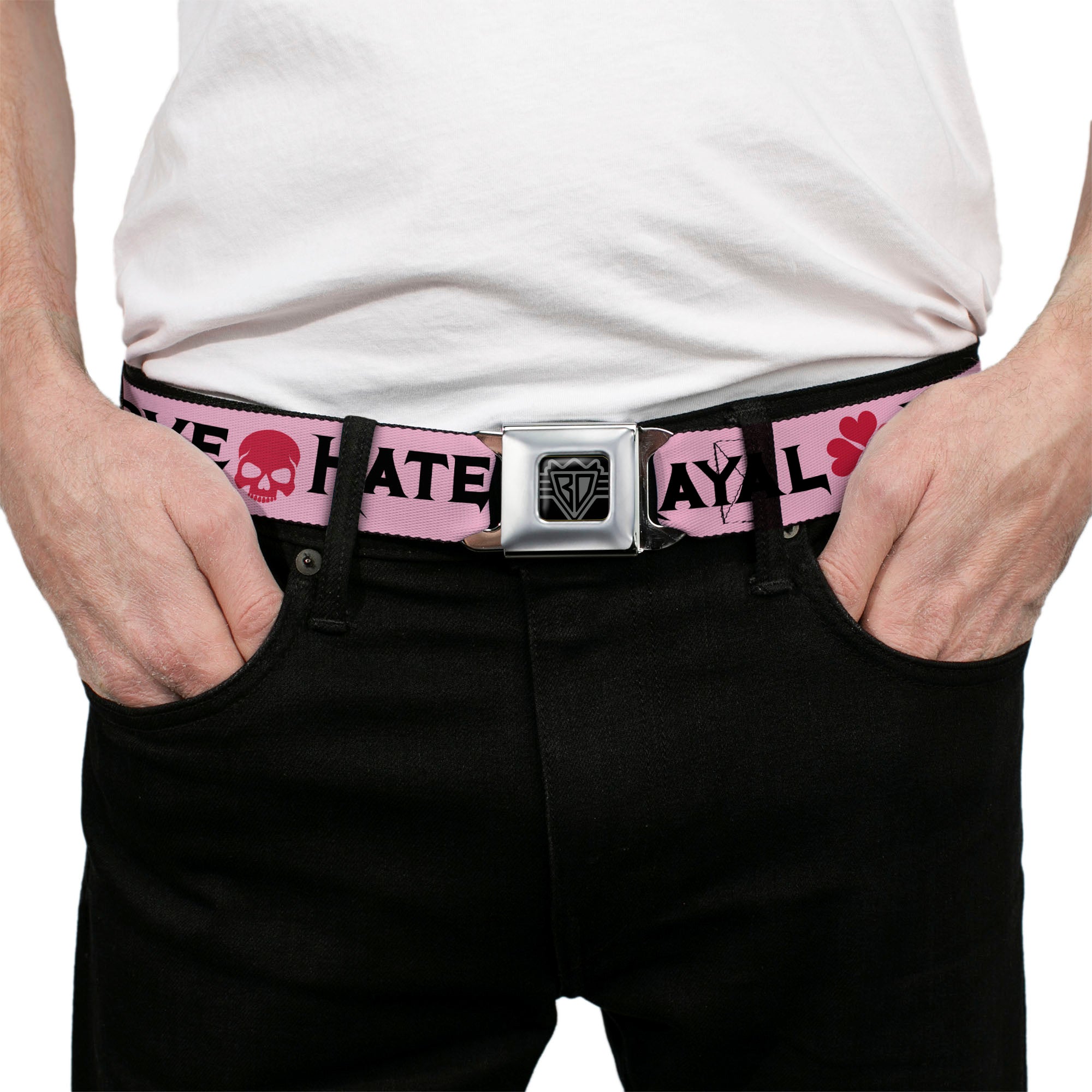 BD Wings Logo CLOSE-UP Full Color Black Silver Seatbelt Belt - Love/Hate/Betrayal Pink/Black/Fuchsia Webbing Seatbelt Belts Buckle-Down