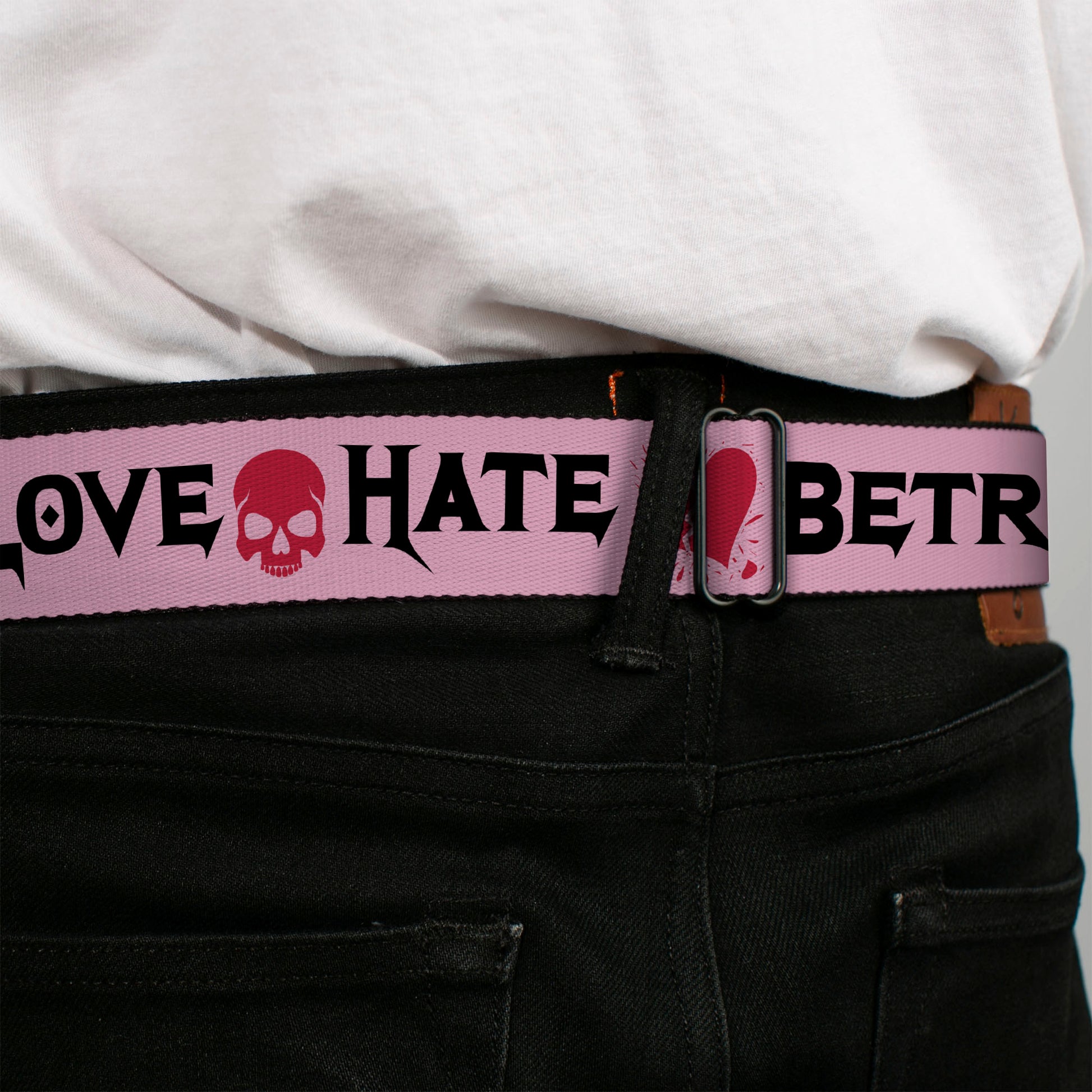 BD Wings Logo CLOSE-UP Full Color Black Silver Seatbelt Belt - Love/Hate/Betrayal Pink/Black/Fuchsia Webbing Seatbelt Belts Buckle-Down