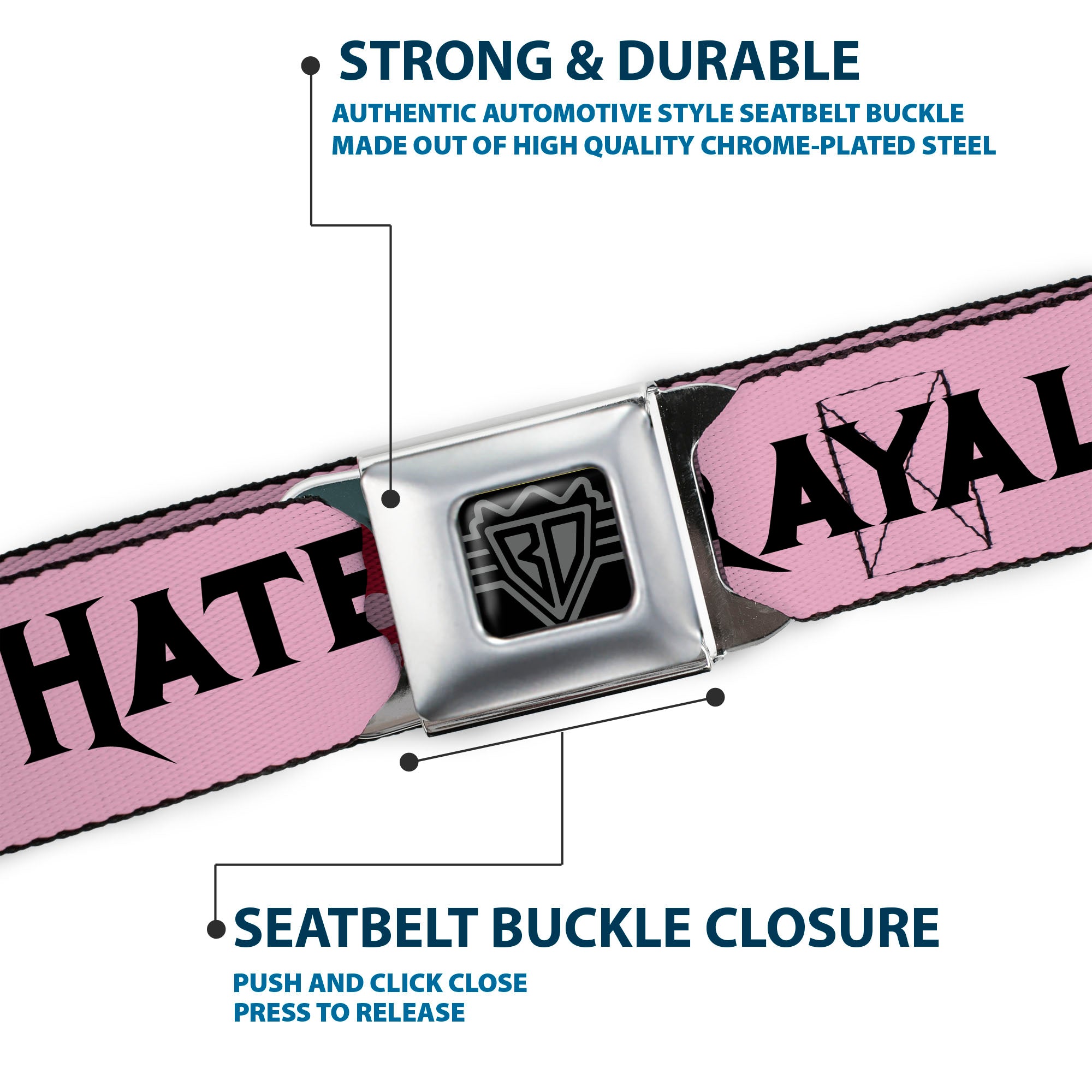 BD Wings Logo CLOSE-UP Full Color Black Silver Seatbelt Belt - Love/Hate/Betrayal Pink/Black/Fuchsia Webbing Seatbelt Belts Buckle-Down