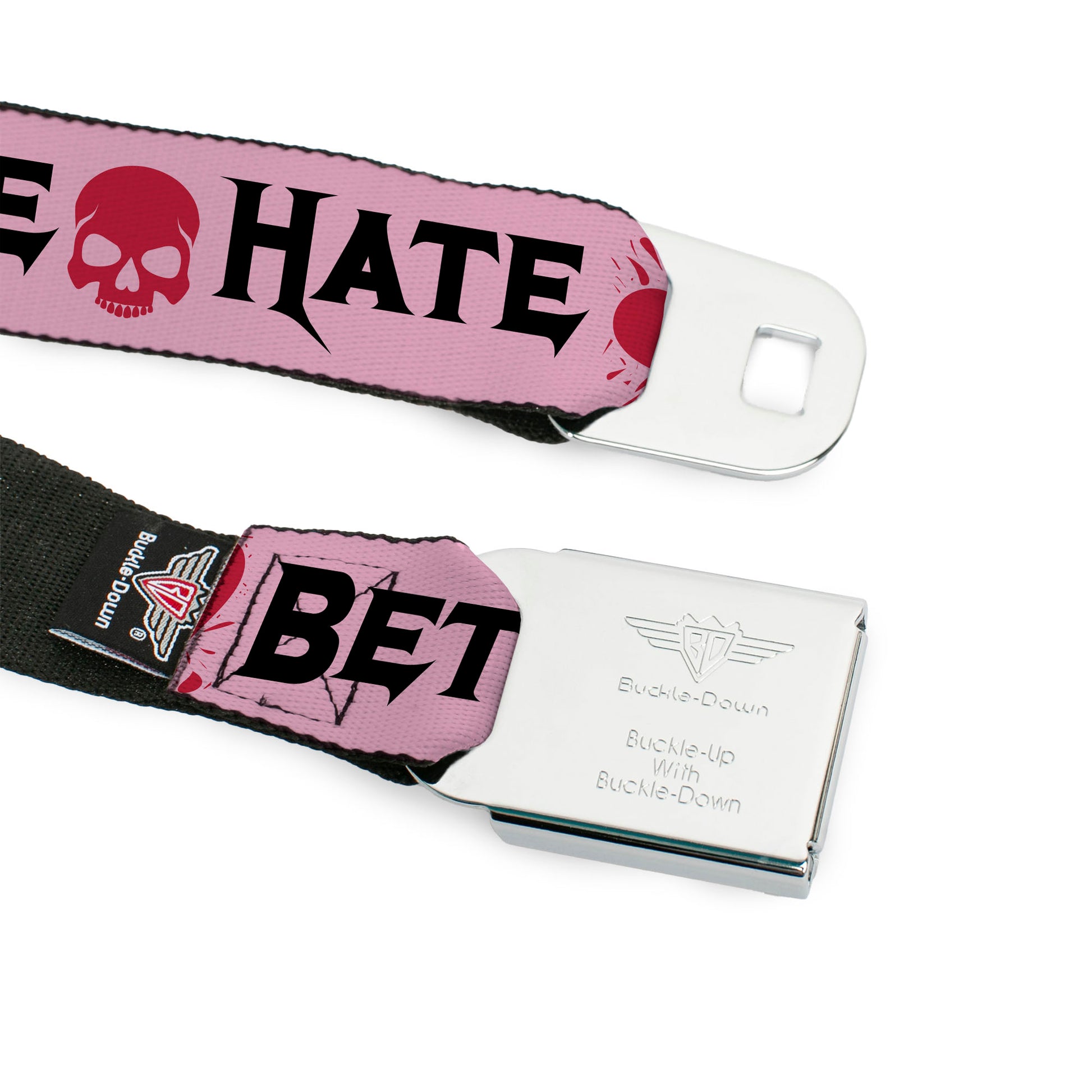 BD Wings Logo CLOSE-UP Full Color Black Silver Seatbelt Belt - Love/Hate/Betrayal Pink/Black/Fuchsia Webbing Seatbelt Belts Buckle-Down