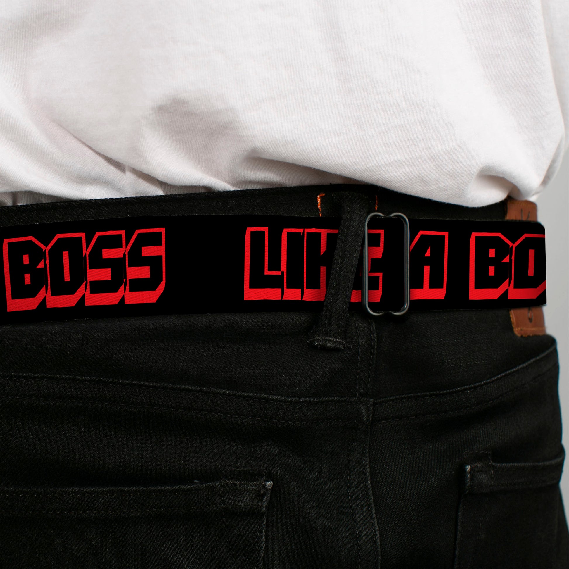 BD Wings Logo CLOSE-UP Full Color Black Silver Seatbelt Belt - LIKE A BOSS Black/Red Webbing Seatbelt Belts Buckle-Down