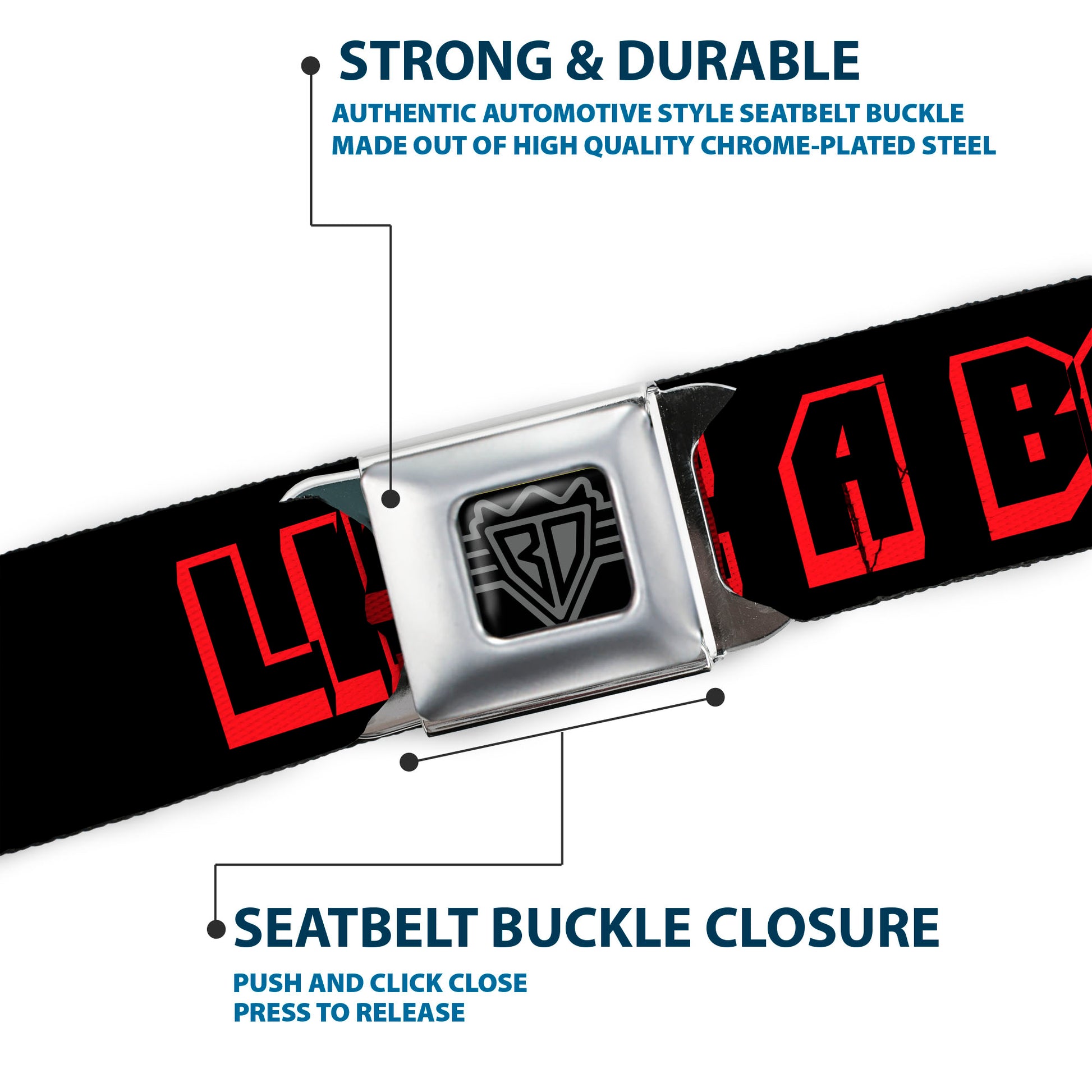BD Wings Logo CLOSE-UP Full Color Black Silver Seatbelt Belt - LIKE A BOSS Black/Red Webbing Seatbelt Belts Buckle-Down