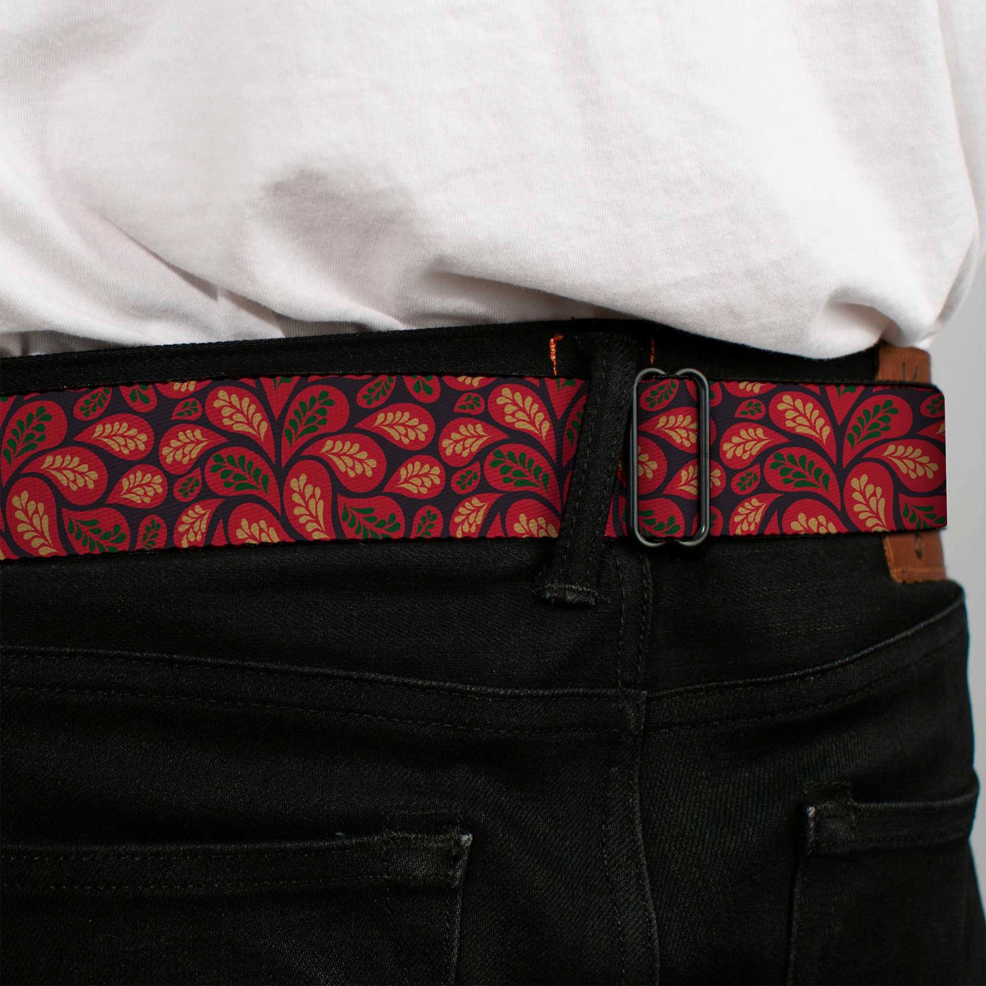 BD Wings Logo CLOSE-UP Full Color Black Silver Seatbelt Belt - Leaves Swirl Navy/Burgundy Webbing Seatbelt Belts Buckle-Down