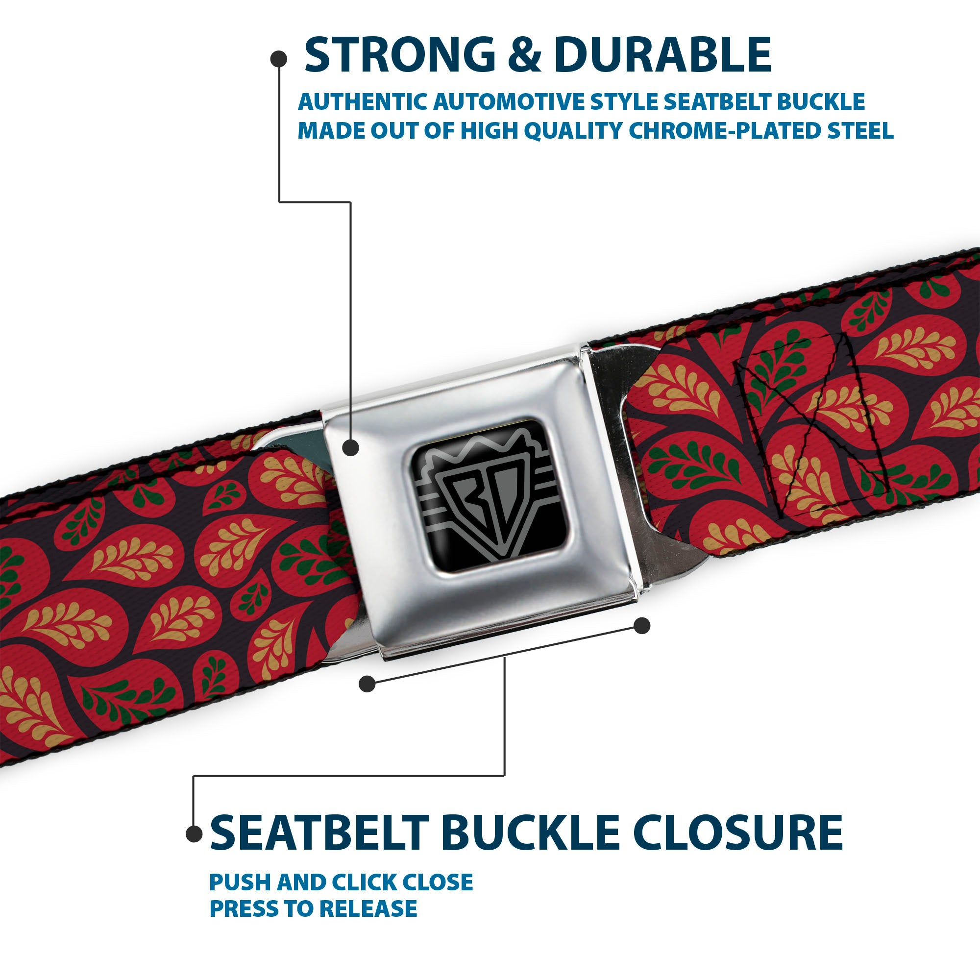 BD Wings Logo CLOSE-UP Full Color Black Silver Seatbelt Belt - Leaves Swirl Navy/Burgundy Webbing Seatbelt Belts Buckle-Down
