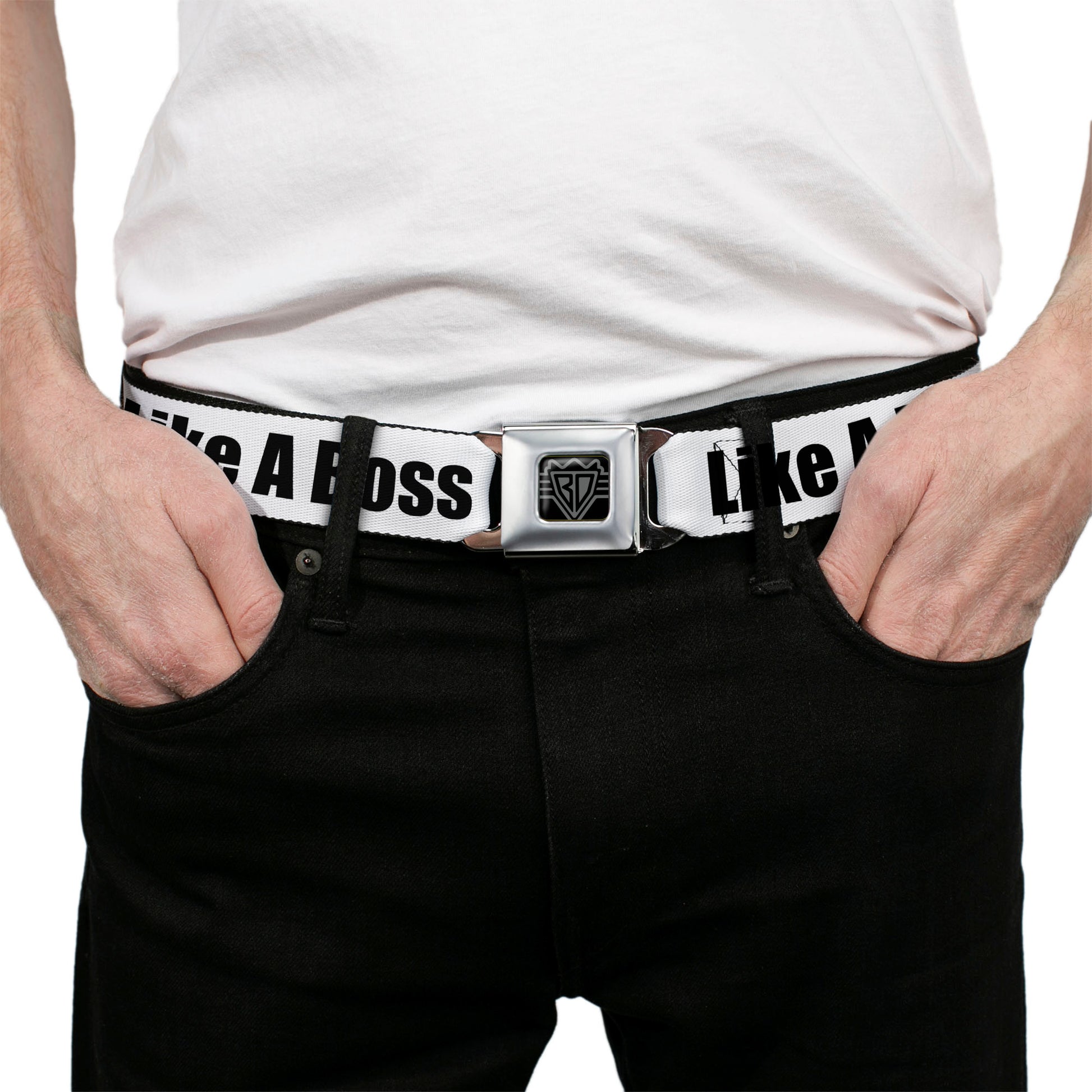 BD Wings Logo CLOSE-UP Full Color Black Silver Seatbelt Belt - LIKE A BOSS White/Black Webbing Seatbelt Belts Buckle-Down