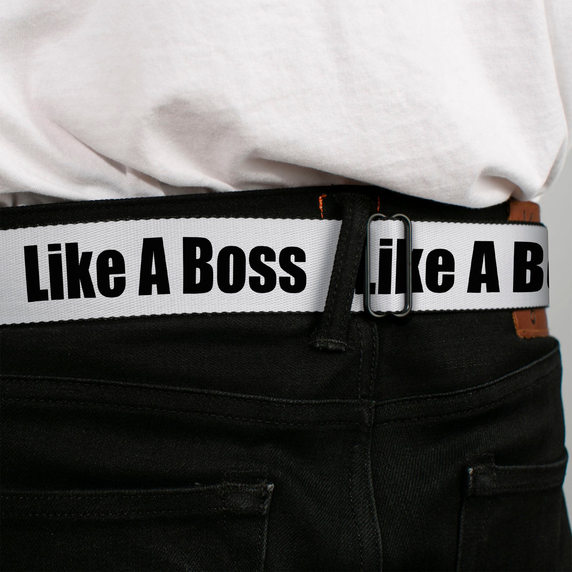 BD Wings Logo CLOSE-UP Full Color Black Silver Seatbelt Belt - LIKE A BOSS White/Black Webbing Seatbelt Belts Buckle-Down