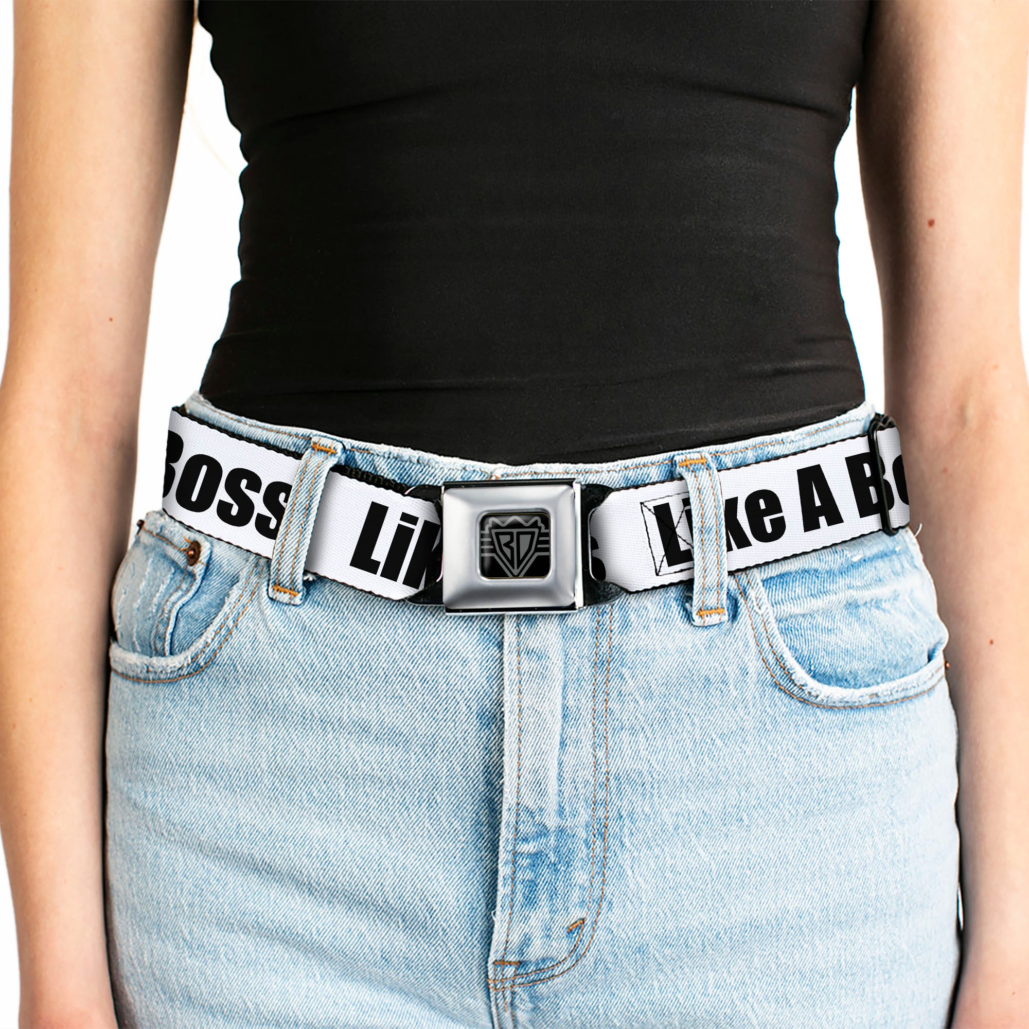 BD Wings Logo CLOSE-UP Full Color Black Silver Seatbelt Belt - LIKE A BOSS White/Black Webbing Seatbelt Belts Buckle-Down
