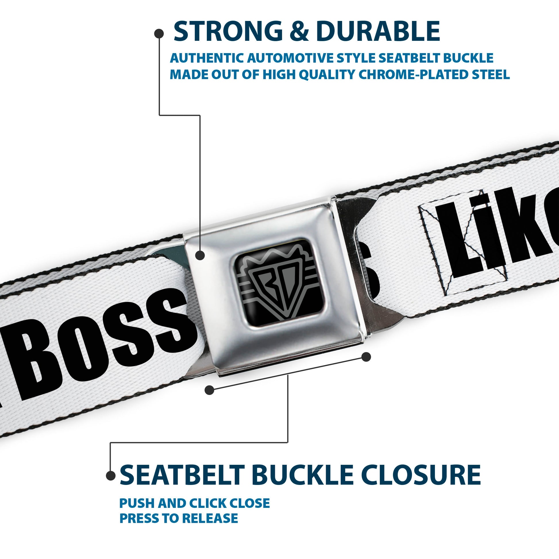 BD Wings Logo CLOSE-UP Full Color Black Silver Seatbelt Belt - LIKE A BOSS White/Black Webbing Seatbelt Belts Buckle-Down