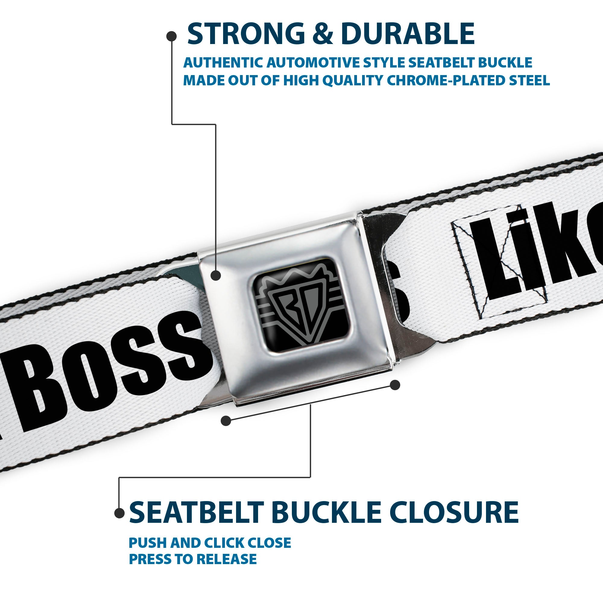 BD Wings Logo CLOSE-UP Full Color Black Silver Seatbelt Belt - LIKE A BOSS White/Black Webbing Seatbelt Belts Buckle-Down
